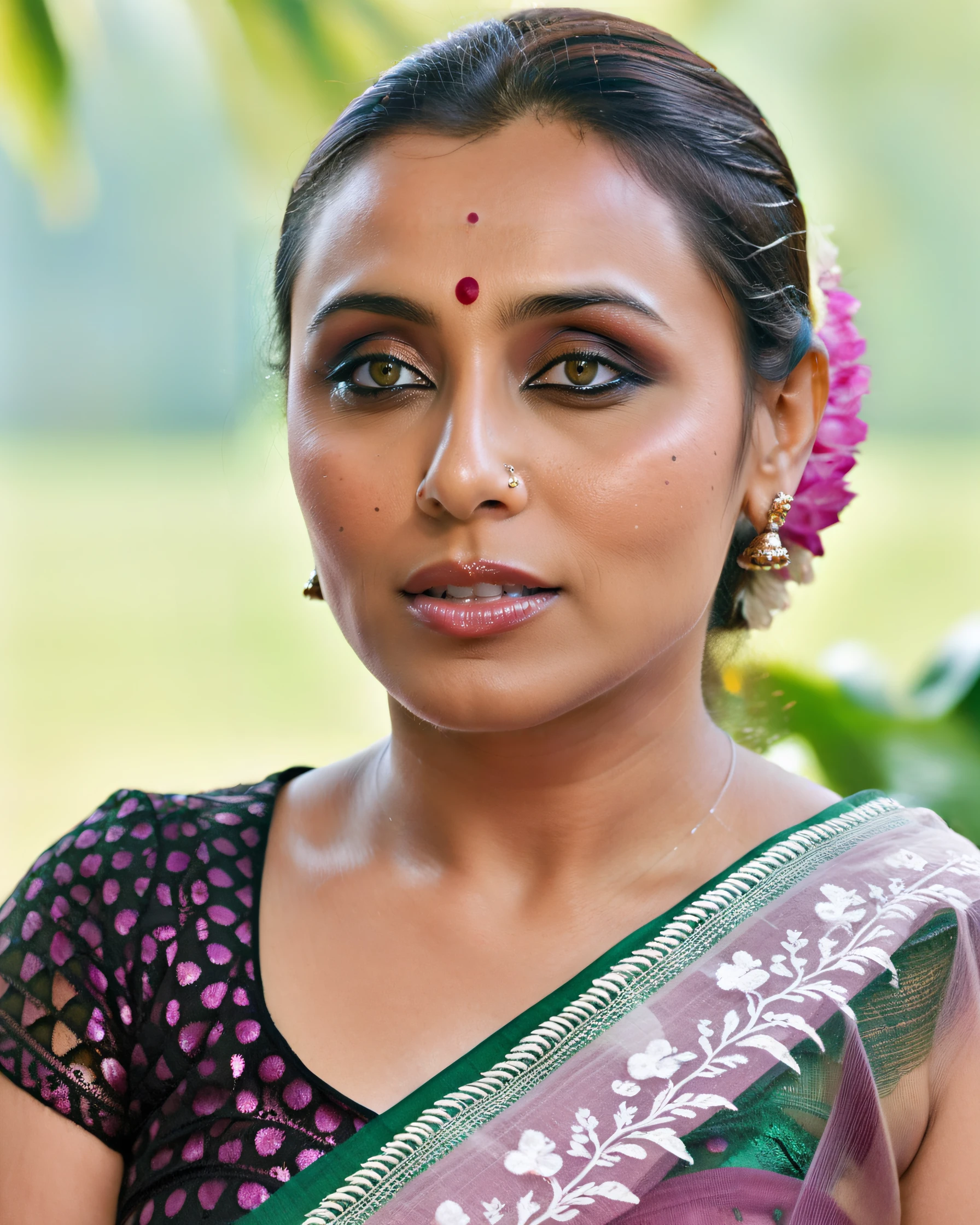 ultrarealistic soft focus photo of a 30-year-old woman, rani mukerji, outdoors, high neck Mekhela Chador (Assamese traditional attire) lace covering chest and cleavage, Eye roll of exasperation, Fisheye-shot camera angle, looking looking at camera, day time, beautiful bokeh <lora:Rani_Mukerji_SDXL_LoRA:0.8>