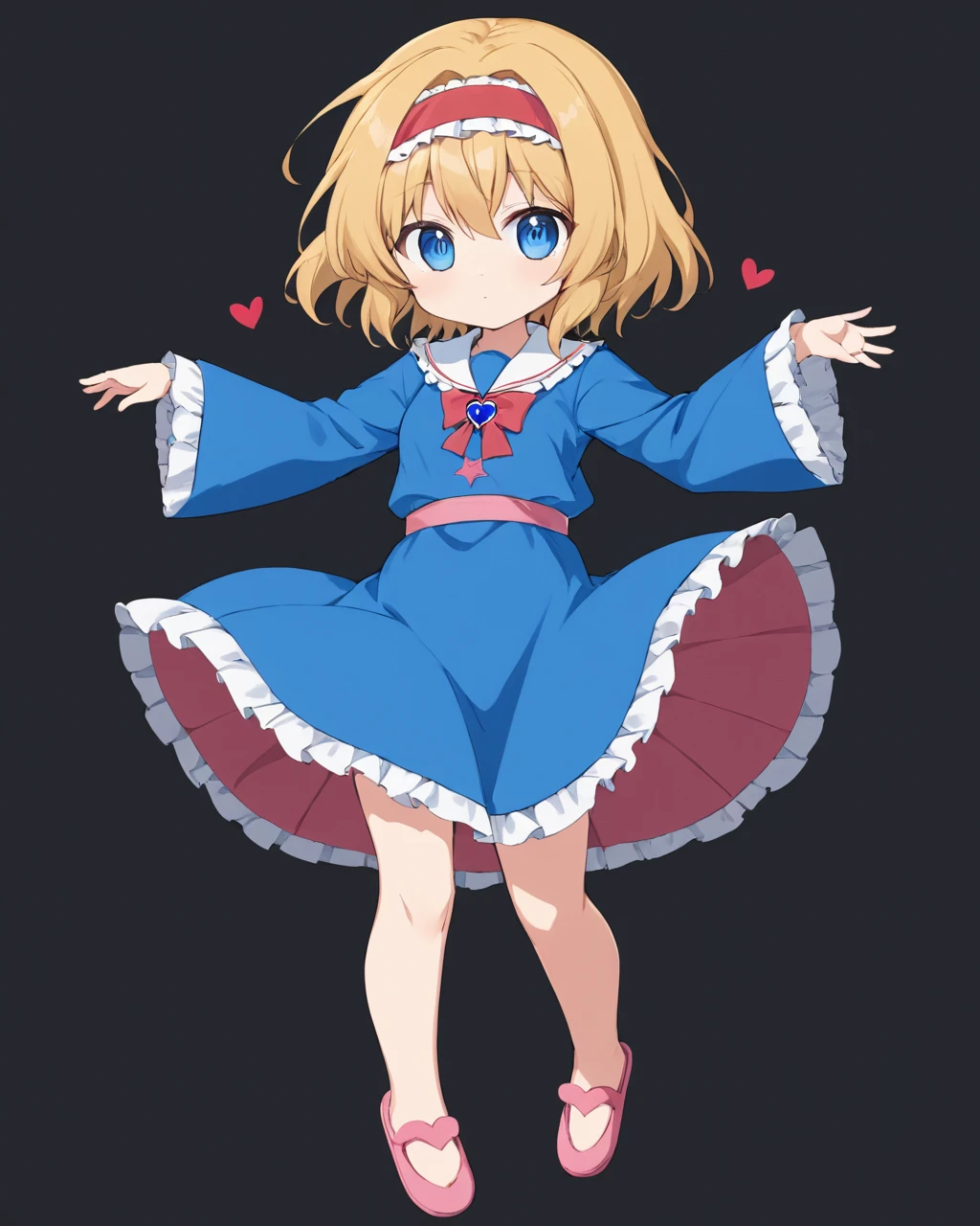 alice margatroid,1girl, blue_shirt, solo, red_hairband, heart, cosplay, third_eye, red_footwear, long_sleeves, blouse, pink_skirt, wide_sleeves, character_name, heart_button, collared_shirt, closed_mouth, frilled_shirt_collar, standing_on_one_leg, slippers, simple_background
<lora:alice_margatroid_image3379_2023-12-11-000006:1>,star-shaped_pupils,symbol-shaped_pupils,. gorgeous,key visual, vibrant, studio anime,award-winning, professional, highly detailed,high budget, cinemascope
