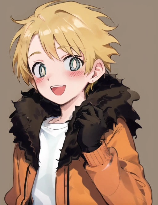 <lora:kennymccormick-08:0.7> kennymccormick, solo, looking at viewer, blush, smile, open mouth, simple background, shirt, gloves, 1boy, jacket, white shirt, upper body, male focus, black gloves, fur trim, bright pupils, brown background, white pupils, orange jacket