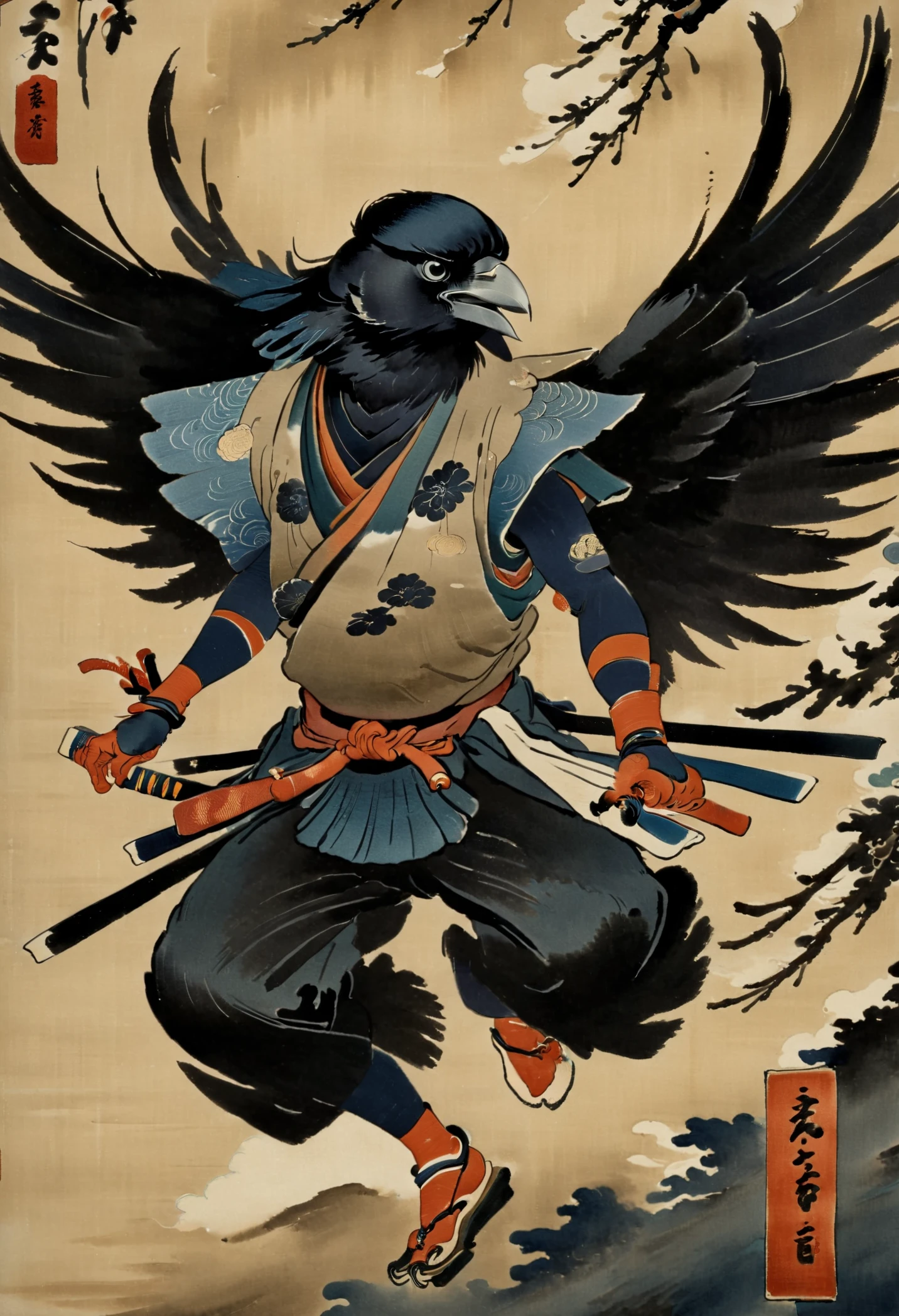 Japanese ink painting, ukiyo-e, crow tengu