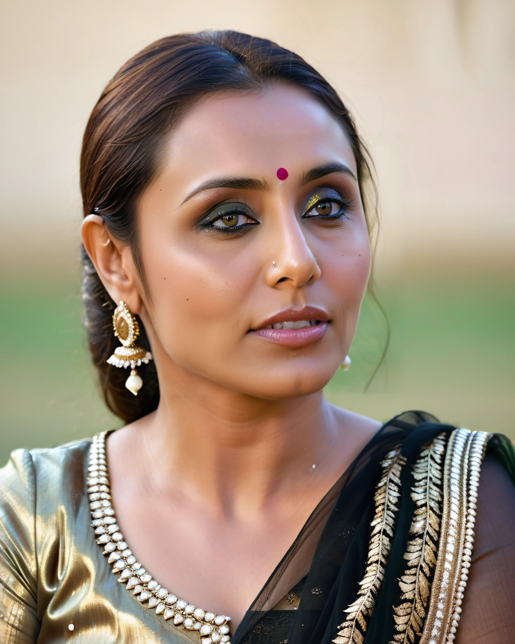 ultrarealistic soft focus photo of a 30-year-old woman, rani mukerji, outdoors, high neck Gota Patti Suit (Rajasthani embellished dress) lace covering chest and cleavage, Chin scratch of contemplation, worm's eye camera angle, looking looking at camera, day time, beautiful bokeh <lora:Rani_Mukerji_SDXL_LoRA:0.8>