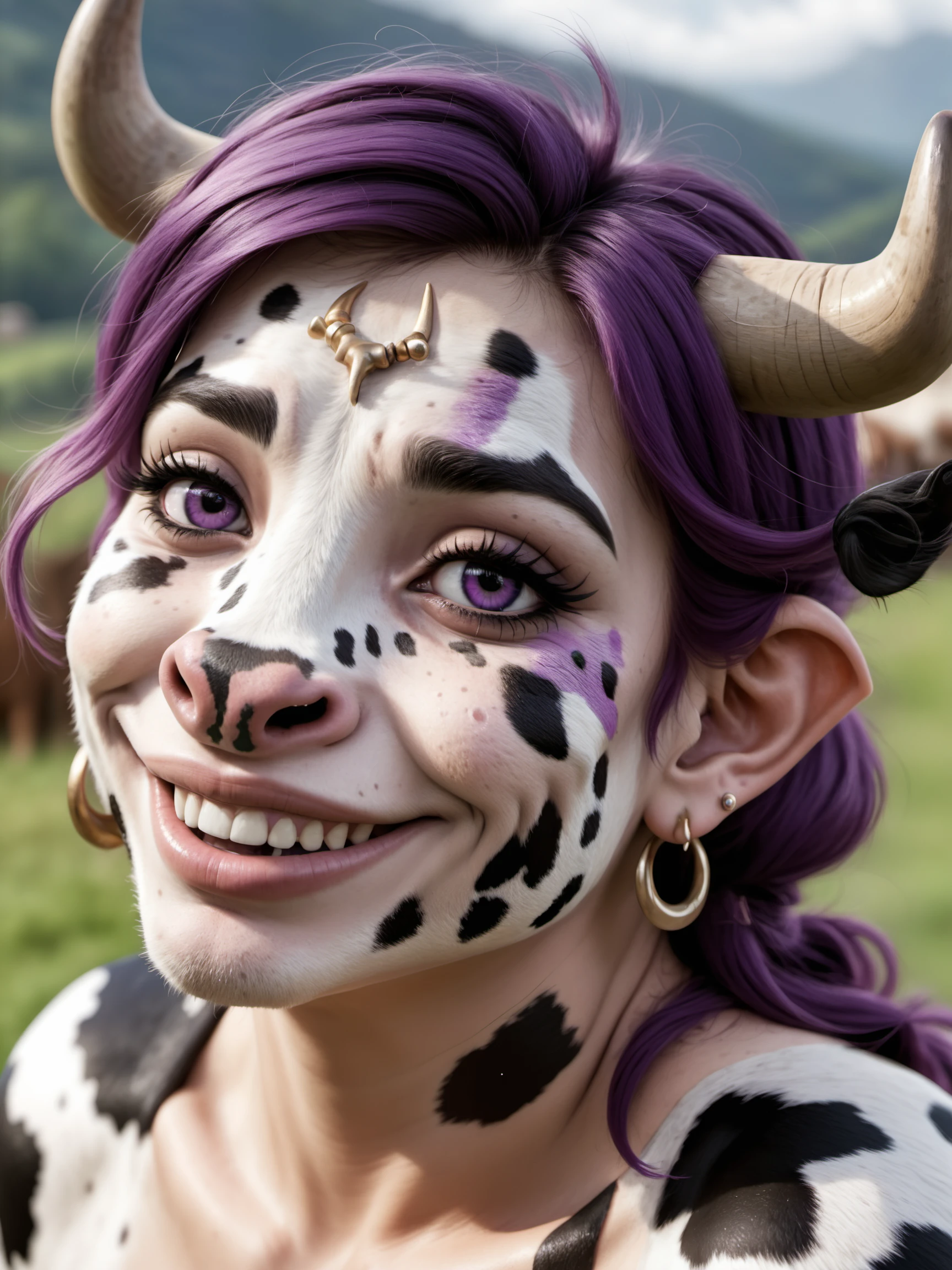 <lora:cow-v2_adam-cosine-8x4-4x1-000004:0.8>
a c0wg1rl cow woman with purple hair from the side with black and white spotted skin and a cow face
wearing earrings and smiling,
8k, high resolution, ultra detailed