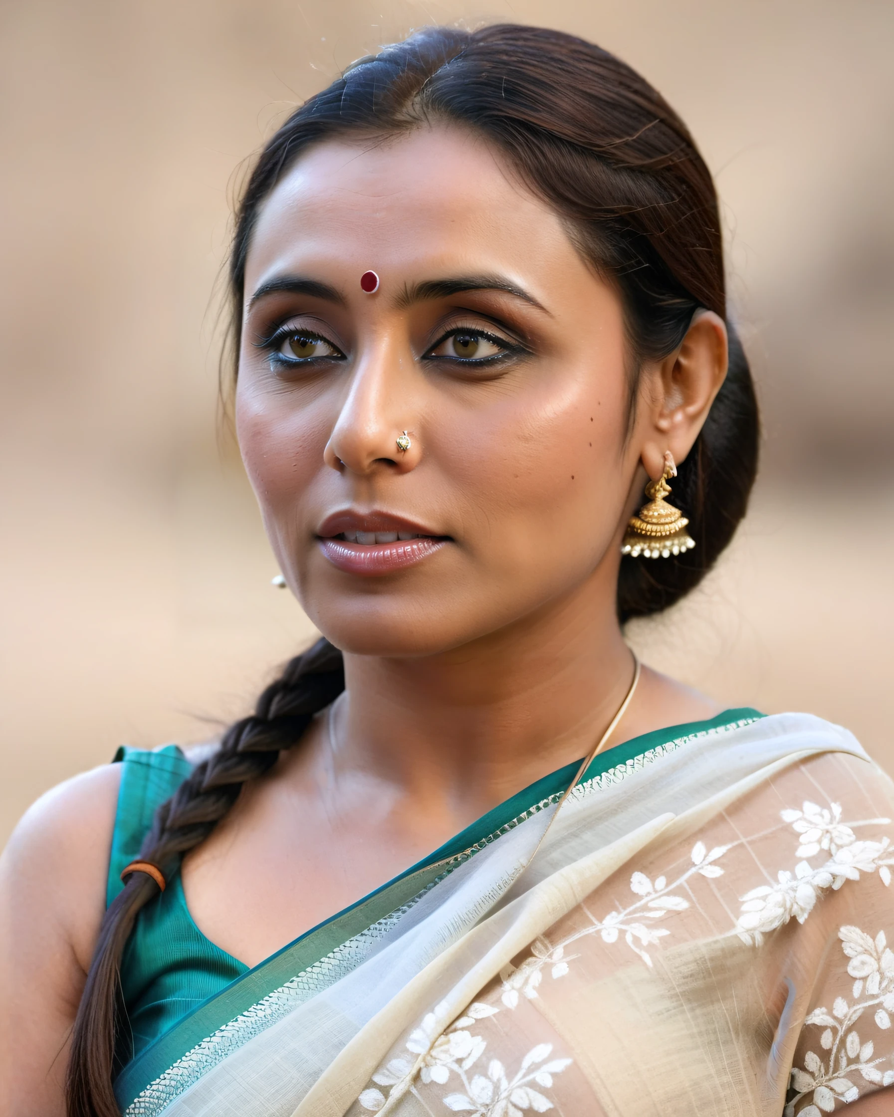 ultrarealistic soft focus photo of a 30-year-old woman, rani mukerji, outdoors, high neck Bomkai Saree (Odisha traditional saree) lace covering chest and cleavage, Deep-in-thought furrowed brows, Medium close-up camera angle, looking looking at camera, day time, beautiful bokeh <lora:Rani_Mukerji_SDXL_LoRA:0.8>