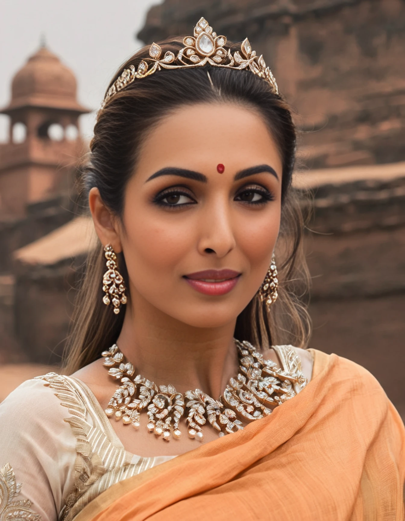 MalaikaArora,<lora:MalaikaAroraSDXL:1>, portrait, city,close up of a Elderly buxom (Girl:1.2) , Tiara, near Gwalior Fort, deep focus, L USM, CineColor, 8K, Concept Art World