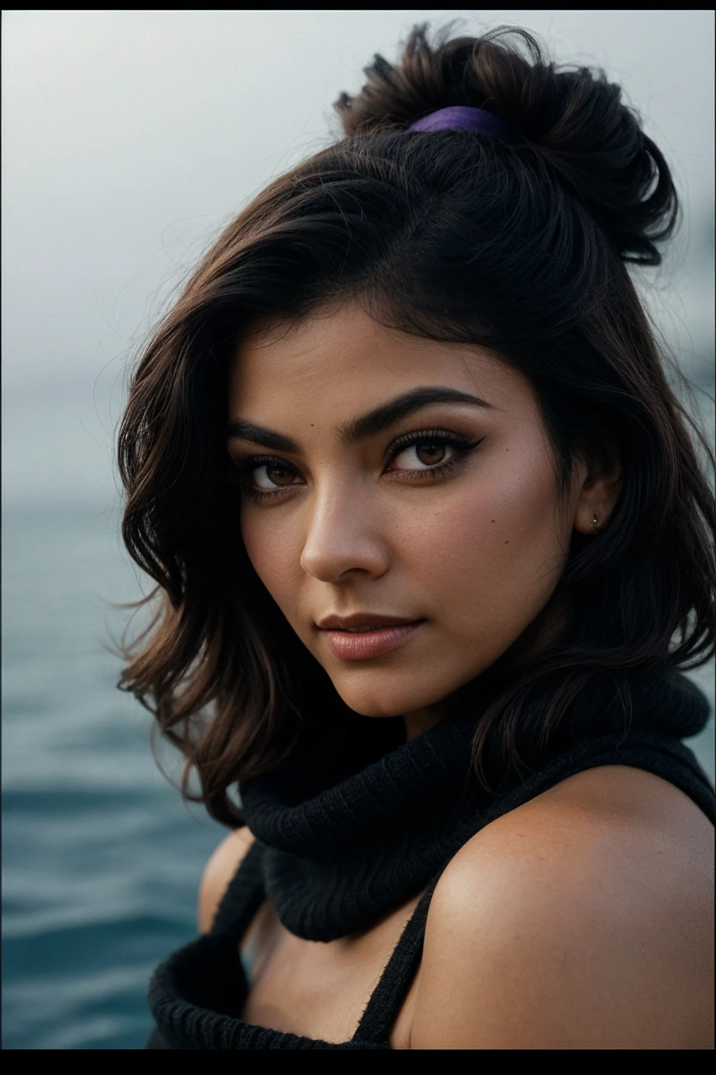 photo of (EPK1m1K4tk4r:0.99), closeup portrait, perfect hair, (modern photo, Cowl neck sweater), 24mm, (analog, cinematic, film grain:1.3), ((lollapalooza [in|at] underwater , gradient:1.1)), ((detailed eyes)), ((eyeliner, long lashes)), (epicPhoto), long eyelashes,