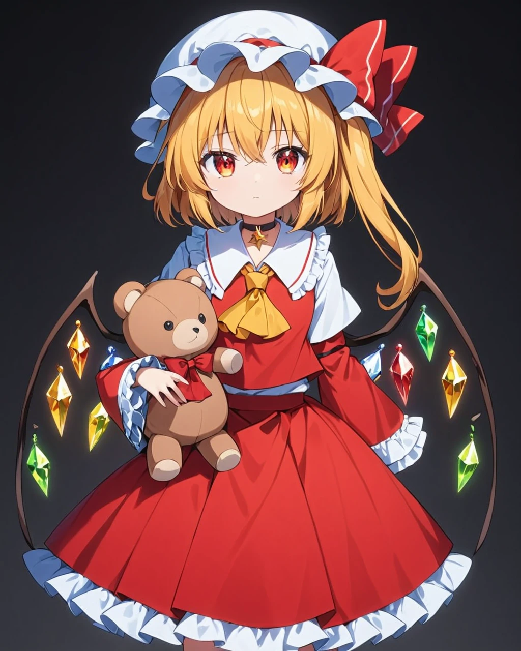 flandre scarlet,1girl, teddy_bear, solo, wings, mob_cap, holding_stuffed_toy, simple_background, crystal, frills, one_side_up, red_bow, looking_at_viewer, cowboy_shot, black_choker, standing, long_sleeves, black_background, closed_mouth, red_ribbon, glowing, bowtie, hat_ribbon, grey_background, expressionless, petticoat, hair_ribbon, red_dress, red_vest, wide_sleeves, shirt, yellow_ascot, red_skirt
<lora:flandre_scarlet_image12338_2023-12-11-000005:1>,star-shaped_pupils,symbol-shaped_pupils,. gorgeous,key visual, vibrant, studio anime,award-winning, professional, highly detailed,high budget, cinemascope