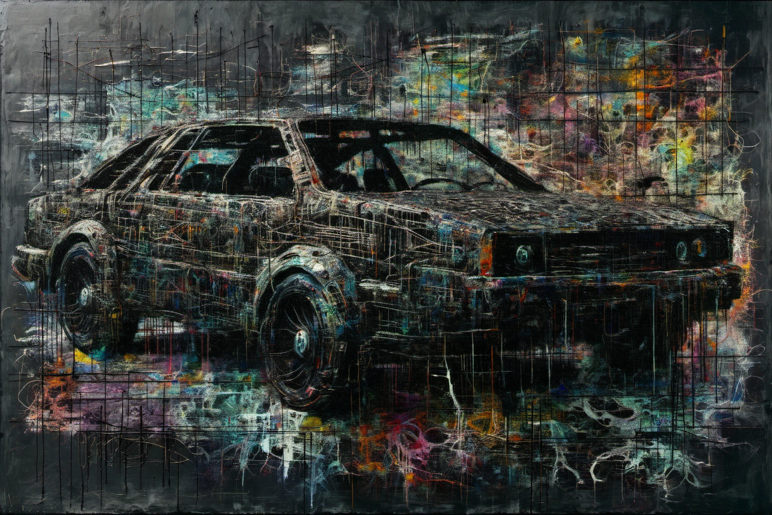 MoDernart, (((a side view cyberpunk car))): complex abstract painting with dense, interwoven black lines and splashes of muted colors on a textured dark background