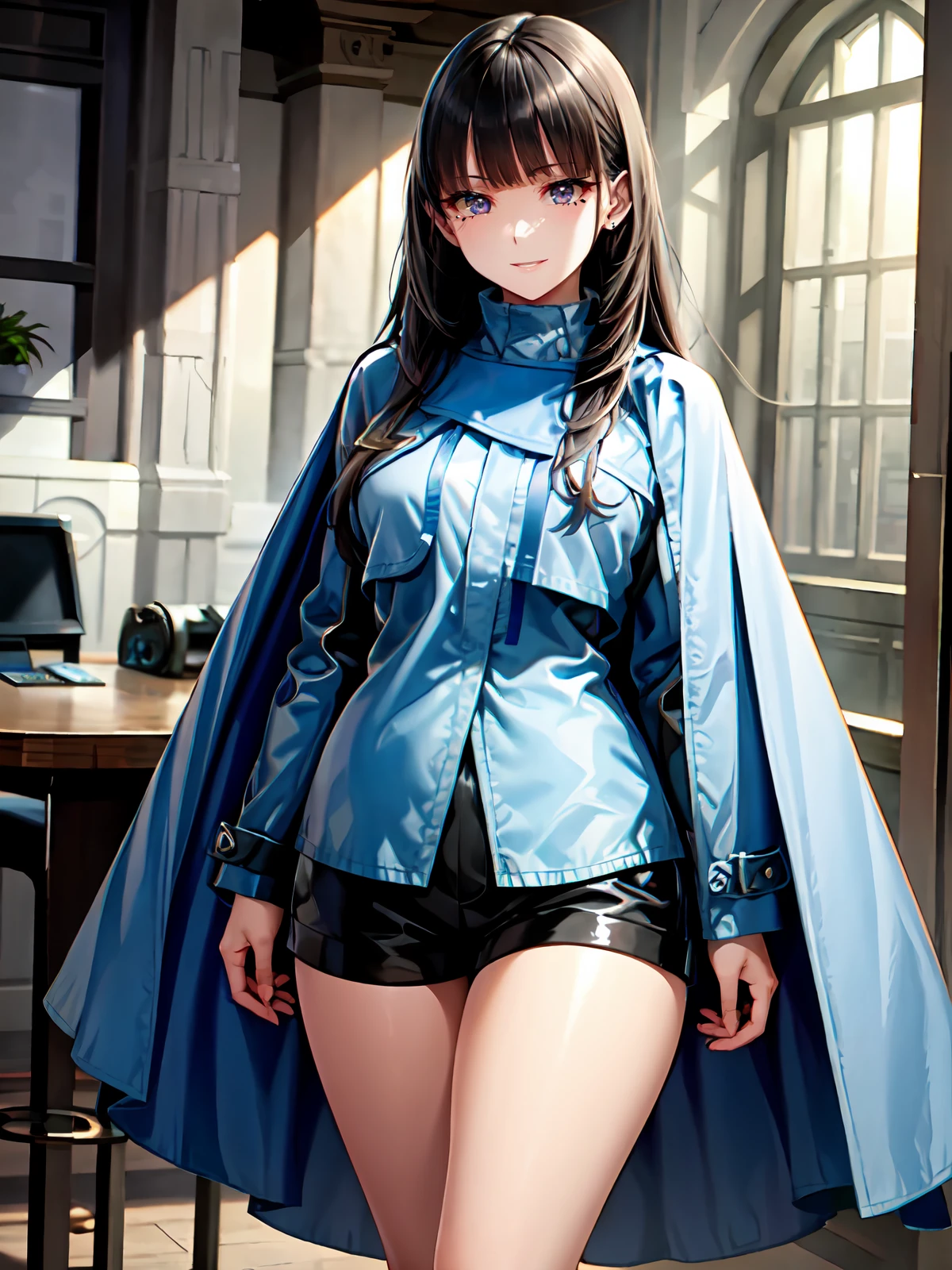 (extremely detailed CG), (best quality), perfect face, shiny skin, lustrous skin, solo narrow waist, wide hips  <lora:RinnieKudo-10:0.7>rinniekudo, long hair, bangs, black hair, long sleeves, jewelry, jacket, black skirt, cape, ring, shorts, black shorts, blunt bangs, boots,indoors, smile,black eyes,