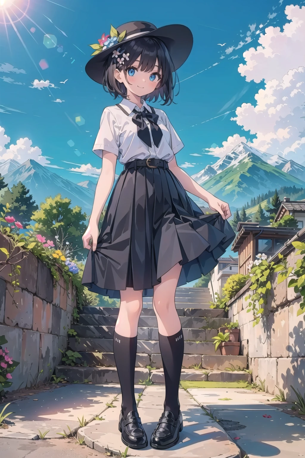 (masterpiece),  1girl,  solo,  outdoors,  skirt,  blue eyes,  socks,  stairs,  sun,  hat,  mountain,  shirt,  blush,  skirt hold,  shoes,  looking at viewer,  black socks,  black skirt,  sky,  black hair,  day,  white shirt,  loafers,  bangs,  belt,  black footwear,  full body,  cloud,  short hair,  standing,  kneehighs,  blue sky,  black belt,  flower,  plant,  tree,  high-waist skirt,  hat flower,  smile