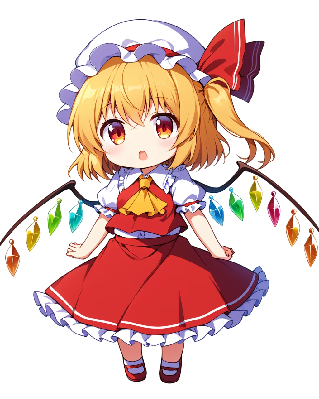 flandre scarlet,1girl, solo, wings, mob_cap, chibi, open_mouth, puffy_short_sleeves, side_ponytail, red_skirt, white_background, white_headwear, o_o, red_vest, white_shirt, yellow_ascot, simple_background, skirt_set, frills, red_ribbon, hat_ribbon, collared_shirt, arm_up, crystal, :d
<lora:flandre_scarlet_image12338_2023-12-11-000005:1>,star-shaped_pupils,symbol-shaped_pupils,. gorgeous,key visual, vibrant, studio anime,award-winning, professional, highly detailed,high budget, cinemascope