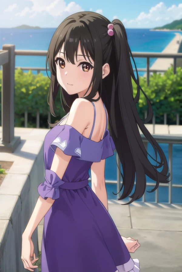tenkaadachi, <lora:tenka adachi ova-lora-nochekaiser:1>,
tenka adachi, black hair, (brown eyes:1.3), side ponytail, long hair, hair bobbles,
BREAK shorts, off shoulder, dress, purple dress,
BREAK outdoors,
BREAK looking at viewer, (cowboy shot:1.5),
BREAK <lyco:GoodHands-beta2:1>, (masterpiece:1.2), best quality, high resolution, unity 8k wallpaper, (illustration:0.8), (beautiful detailed eyes:1.6), extremely detailed face, perfect lighting, extremely detailed CG, (perfect hands, perfect anatomy),