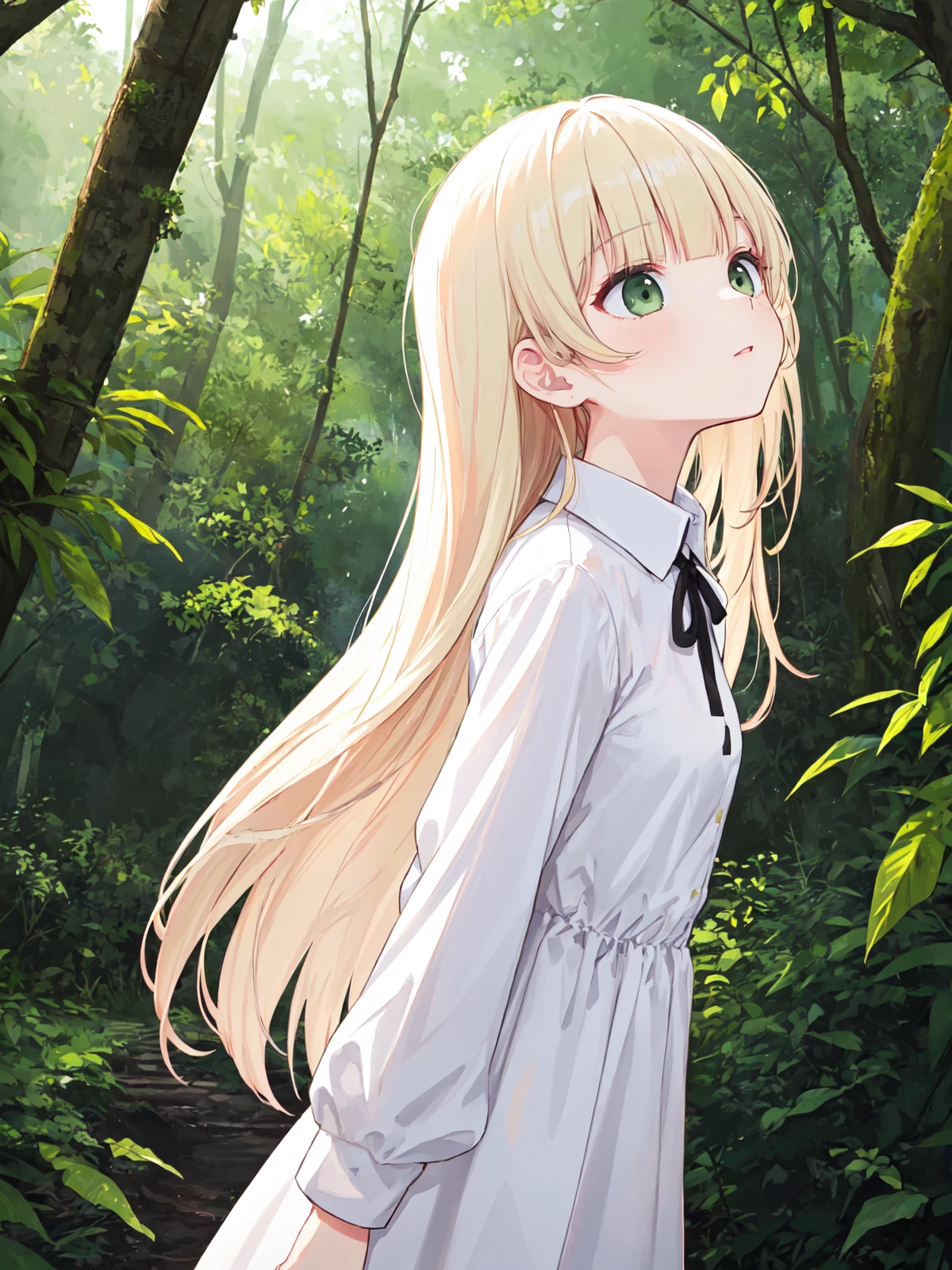 (best quality, ultra detailed:1.2), girl, platinum blond hair, very long hair, blunt bangs, round eyes, dark green eyes, upper body, arms behind back, small breasts, forest, path, collared dress, long sleeves, (looking up:1.4), from side