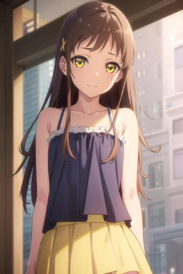 chiesayama, <lora:chie sayama ova-lora-nochekaiser:1>,
chie sayama, brown hair, (yellow eyes:1.5), hair ornament, hairclip, dark skin, dark-skinned female, smile,
BREAK camisole, blue camisole, bare shoulders, collarbone, skirt, yellow skirt,
BREAK outdoors,
BREAK looking at viewer, (cowboy shot:1.5),
BREAK <lyco:GoodHands-beta2:1>, (masterpiece:1.2), best quality, high resolution, unity 8k wallpaper, (illustration:0.8), (beautiful detailed eyes:1.6), extremely detailed face, perfect lighting, extremely detailed CG, (perfect hands, perfect anatomy),