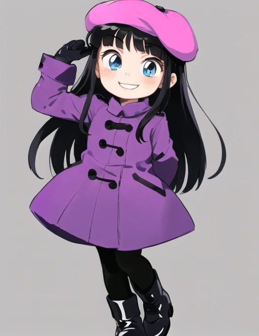 <lora:wendysouthpark-08:0.7> wendysouthpark, 1girl, solo, looking at viewer, smile, blue eyes, simple background, gloves, long sleeves, hat, white background, full body, pantyhose, boots, hand up, black footwear, coat, beret, arm behind back, pink headwear, purple gloves, halftone, purple coat