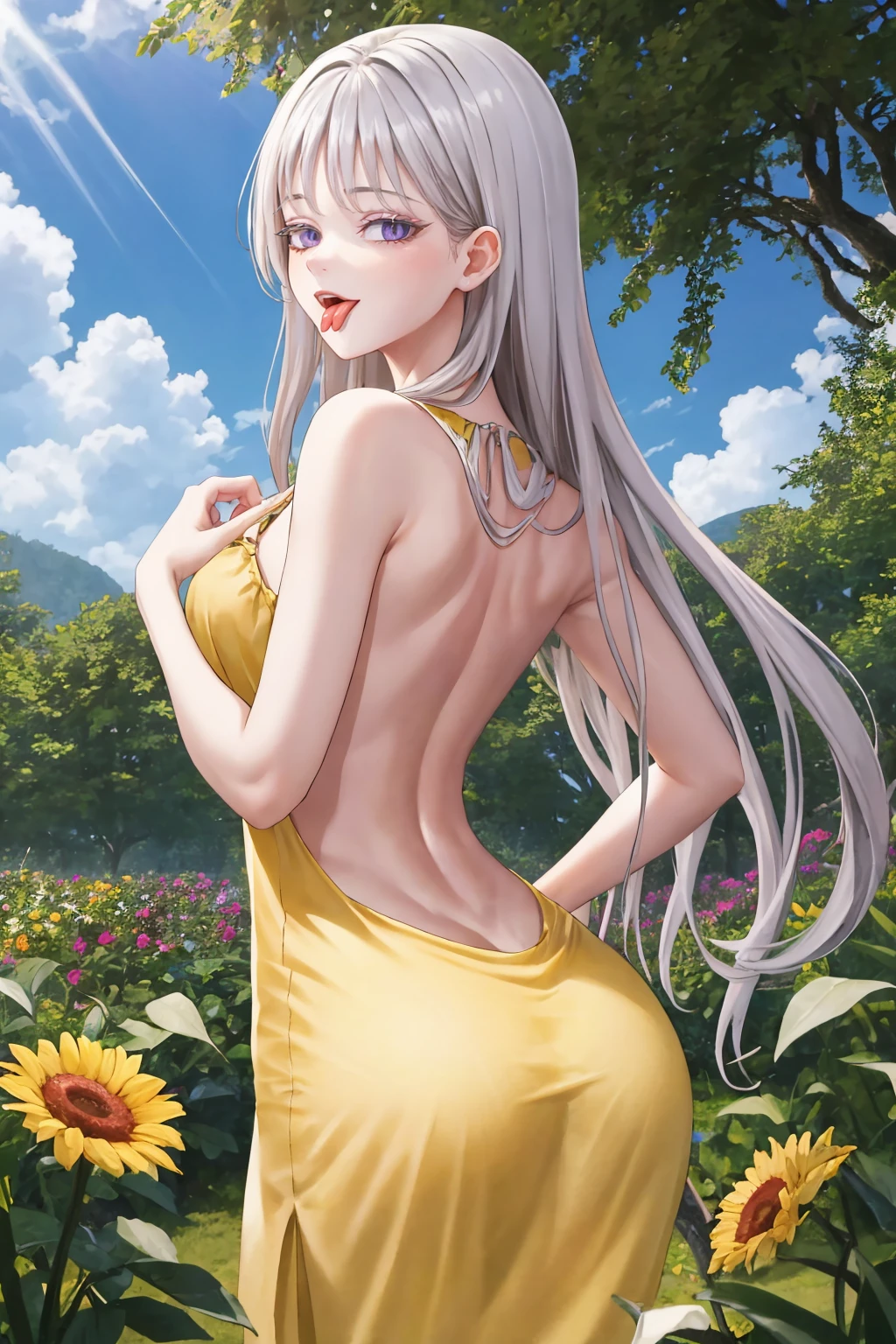 masterpiece, best quality, 1girl, solo, <lora:cheona-lo-richy-v1:1> cheonadef, looking back, (yellow sundress:1.3), garden, ass, backless outfit, sunlight, sunbeam very long hair, forked tongue, tongue out, open mouth, purple eyes, slit pupils, (half-closed eyes, smug:0.8),