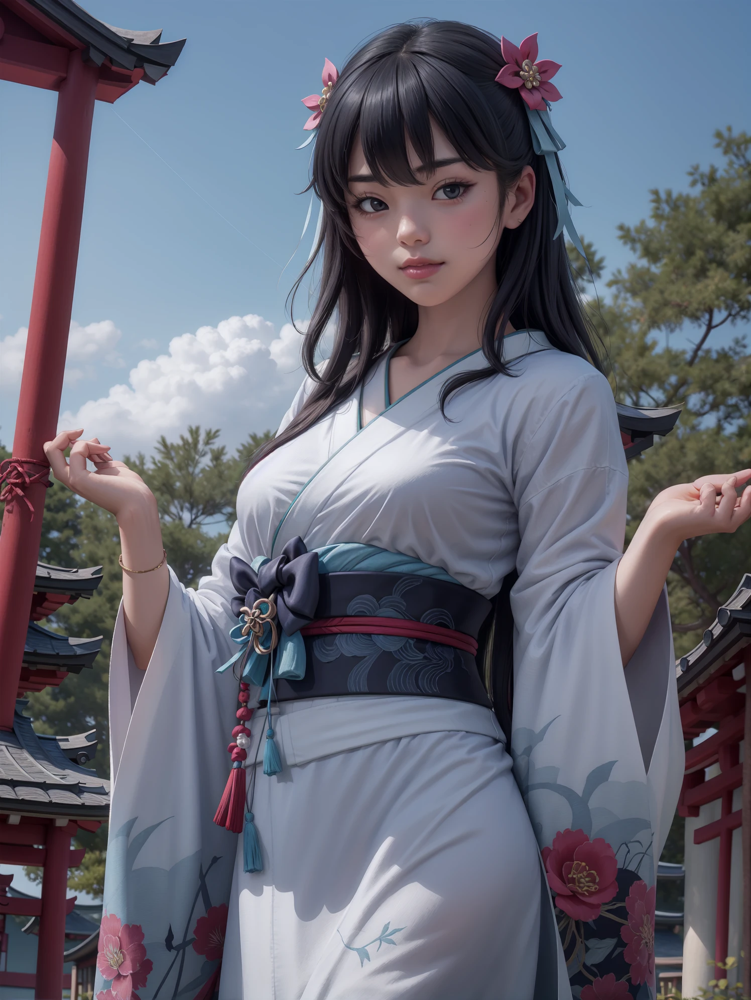 (masterpiece, best quality), 1girl, kimono, cute, shrine, shrine maiden, japanese, upperbody