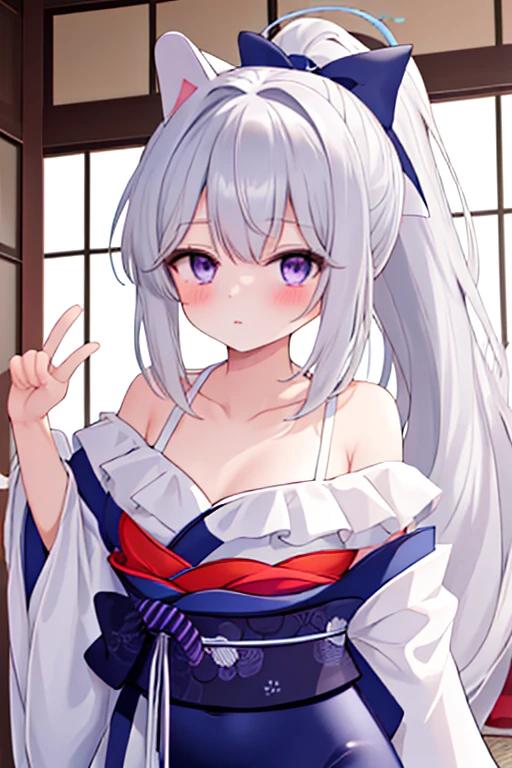 best quality, masterpiece, highres, solo, {white kimono:1.35}, {red hakama:1.35}, {wide sleeves:1.20}, {yuexuemiyako:1.15}, long_hair, halo, white_hair, purple_eyes, blush, bangs, bow, hair_bow, swimsuit, one-piece_swimsuit, ponytail, breasts, animal_ears, grey_hair