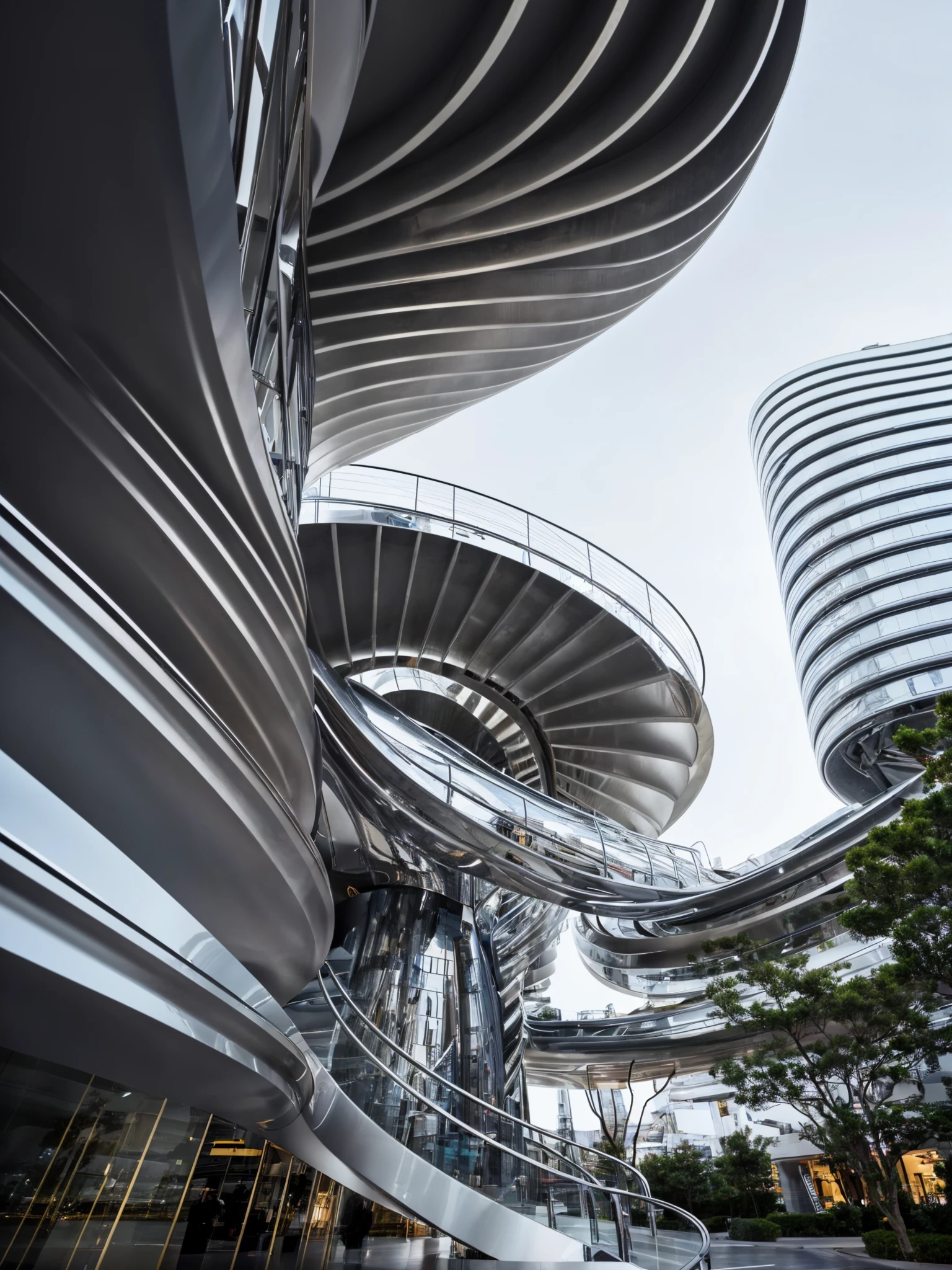 <lora:Arc_v5:0.68>, RAW photo, (curvy mirror reflective metal spiral staircase by Mad architects), beautiful composition, detailed design, curvilinear, Tokyo city center, ((retro futurism style)), white sky, cinematic lighting, (diffused light:1), fog, architecture photography, hyper realistic, super detailed, 8k, Nikon Z6 Mirrorless Camera, film grain