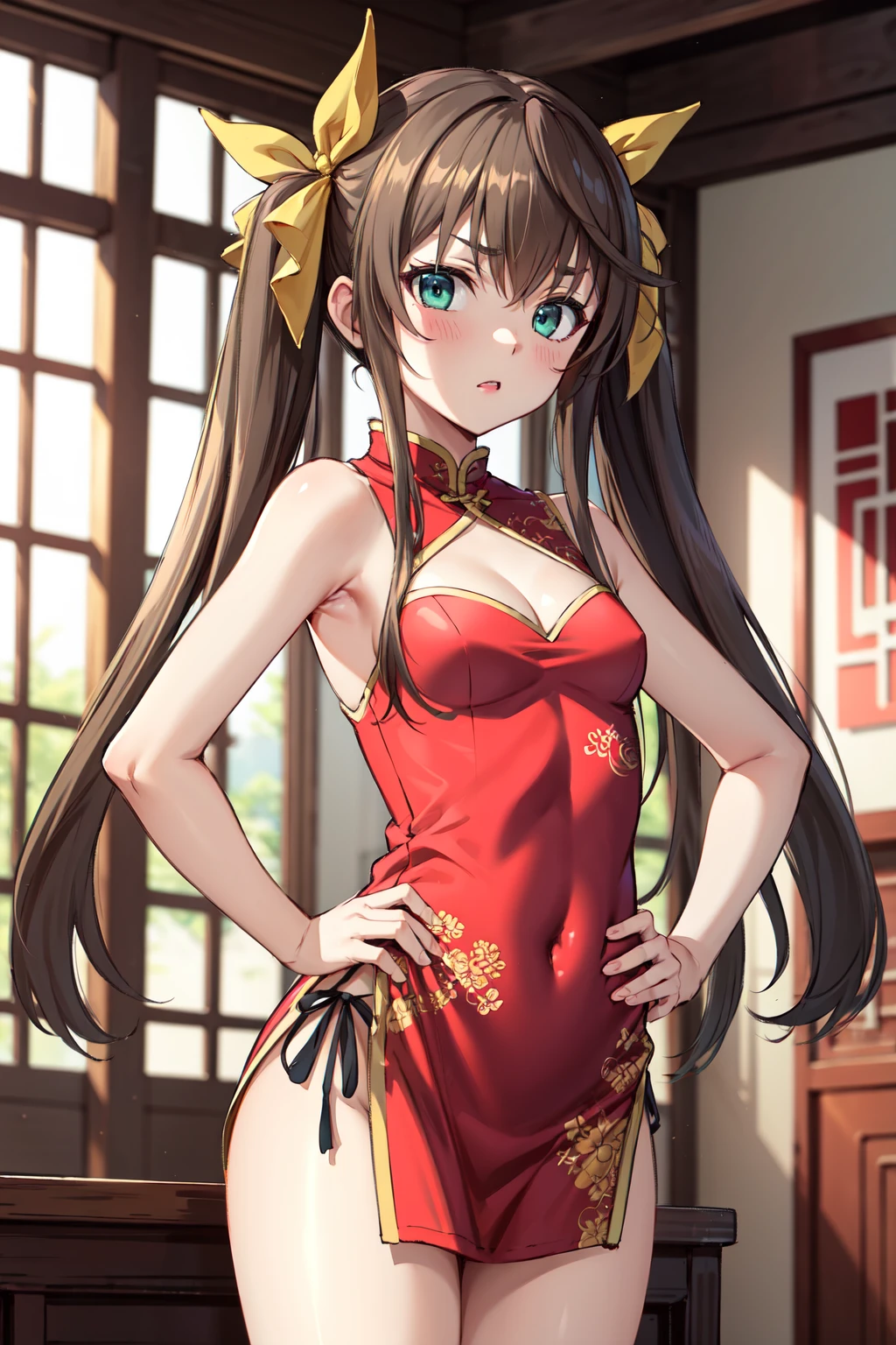 masterpiece,best quality,highres,ultra-detailed,aalingyin,long hair,twintails,hair ribbon,yellow ribbon,<lora:Huang_Lingyin:0.9>,small breasts,bare shoulders,china dress,chinese clothes,short dress,cleavage cutout,sideboob,thighs,hands_on_hips,furrowed_brow,indoors,