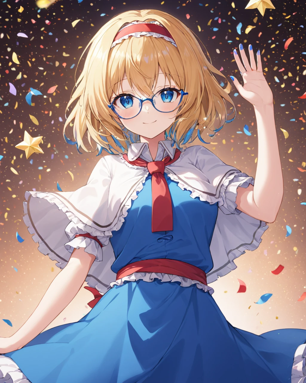 alice margatroid,1girl, solo, one_eye_closed, white_capelet, blue_dress, glasses, red_hairband, smile, nail_polish, confetti, puffy_short_sleeves, frills, looking_at_viewer, red_necktie, closed_mouth, blue_nails, red-framed_eyewear, sash, ribbon, arm_up
<lora:alice_margatroid_image3379_2023-12-11-000006:1>,star-shaped_pupils,symbol-shaped_pupils,. gorgeous,key visual, vibrant, studio anime,award-winning, professional, highly detailed,high budget, cinemascope