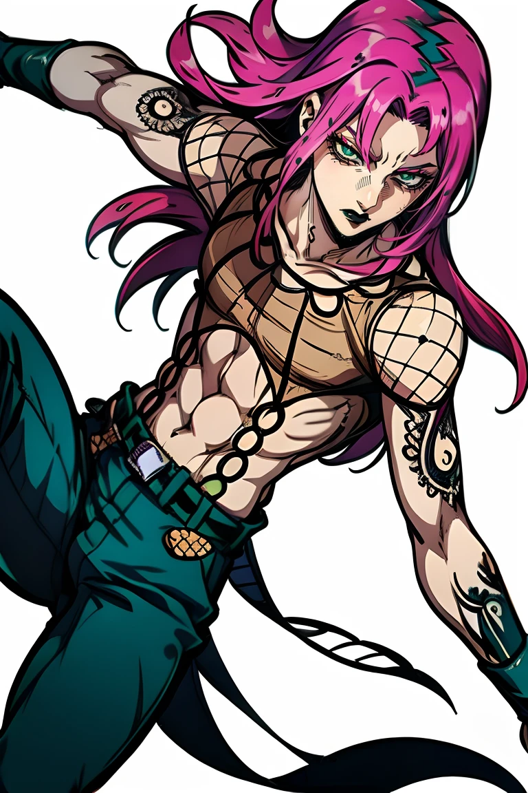 male, 1boy, green eyes, score_9, score_8_up, score_7_up, score_6_up, fishnet top, male focus, diavolojojo, purple pants, wristband, sakimichan,sakimichan 