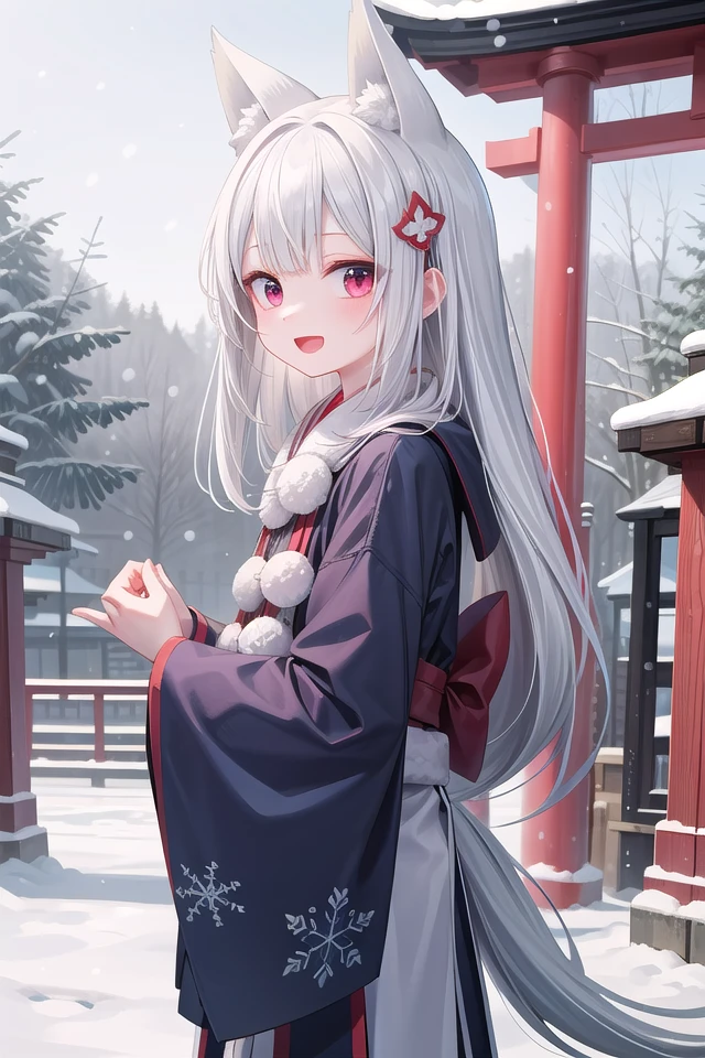 insanely detailed, absurdres, ultra-highres, ultra-detailed, best quality,
1girl, solo, nice hands, perfect hands,
BREAK
miko, hanfu, winter hanfu, cloak, (bare shoulder:-1.5), (cleavage:-1.5)
BREAK
happy smile, laugh, open mouth, standing,
from side,
cute pose, cowboy shot,
BREAK
slender, kawaii, perfect symmetrical face, ultra cute girl, ultra cute face, ultra detailed eyes, ultra detailed hair, ultra cute, ultra beautiful,
BREAK
japan, shrine, snowing, snowflake, snow, torii gate, stone steps, shrine architecture
BREAK
(white blue hair:1.2), very long hair, red eyes, two-tone hair, hair ornament, fox ears, fox tail, multiple tails,