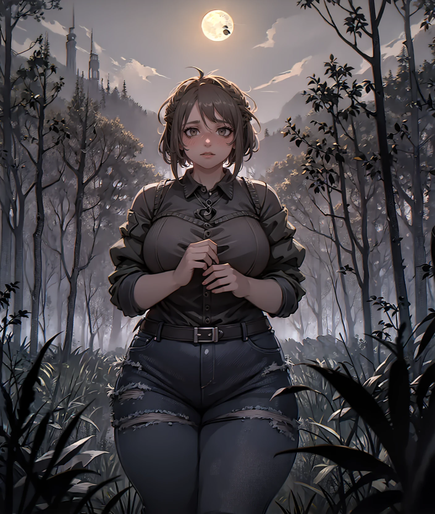 <lora:symodel-3-0-a3-lyco-extract:1>
masterpiece, volumetric lighting, (art by Tashoelle:0.6), (art by Lazorchef:0.5), (Daniel Ridgway Knight art style:1.2),
solo, 1girl,
fat, clothed midsection, collared shirt, jeans, night, moon, forest, cowboy shot, wide hips