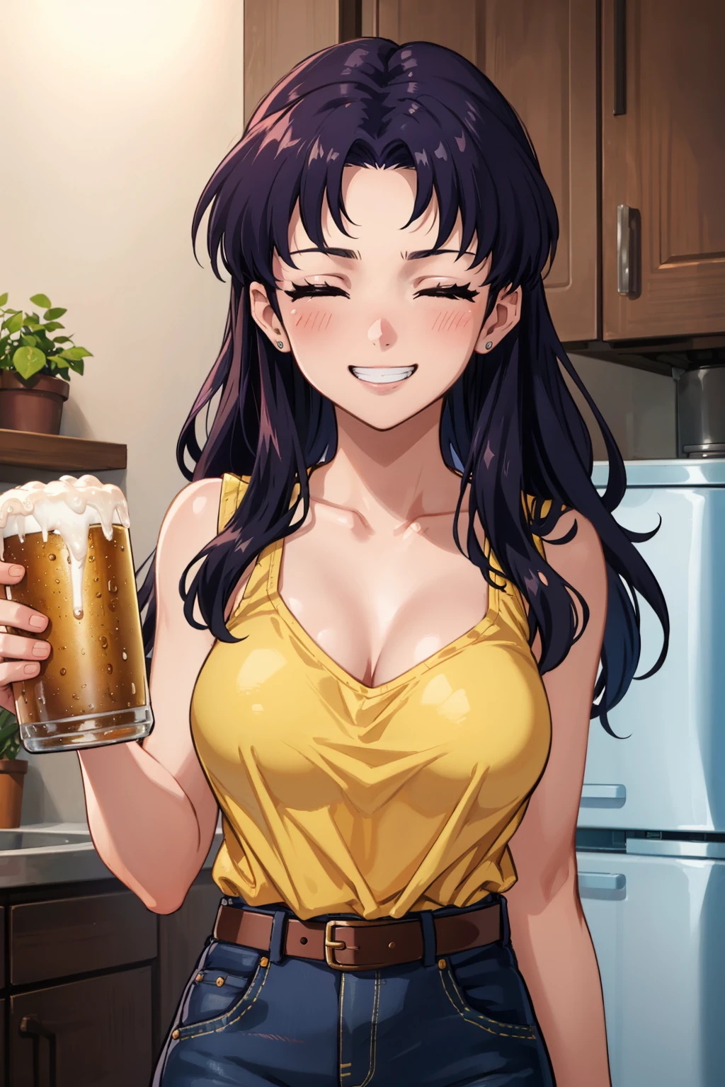 masterpiece, best quality, <lora:misato-nvwls-v1-000010:0.9> misato, black eyes, parted bangs, long hair, earrings, yellow tank top, belt, denim shorts, large breasts, cowboy shot, blush, closed eyes, grin, holding beer, kitchen