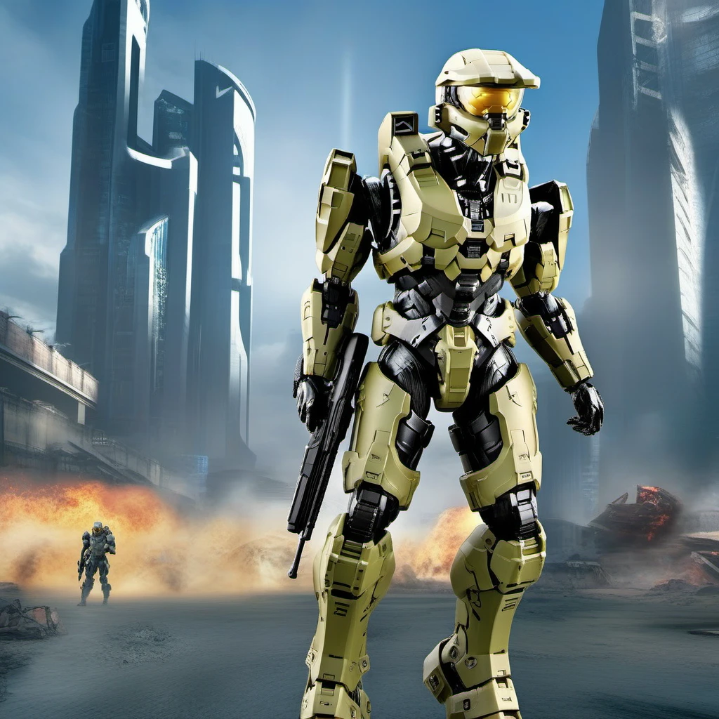 Halo1024, a robot soldier, full body, war , post apocalyptic city, highly detailed, photography, ultra sharp, film, bokeh, professional, 64k <lora:Halo1024-000140:0.8>