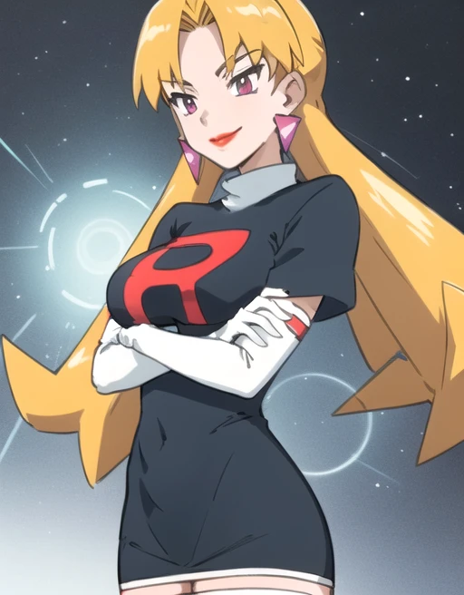 <lora:CassidyPkmn:0.7> CassidyPkmn, 1girl, solo, breasts, smile, large breasts, thighhighs, gloves, dress, jewelry, earrings, elbow gloves, makeup, crossed arms, lipstick, clothes writing, oekaki, red lips, team rocket, team rocket uniform