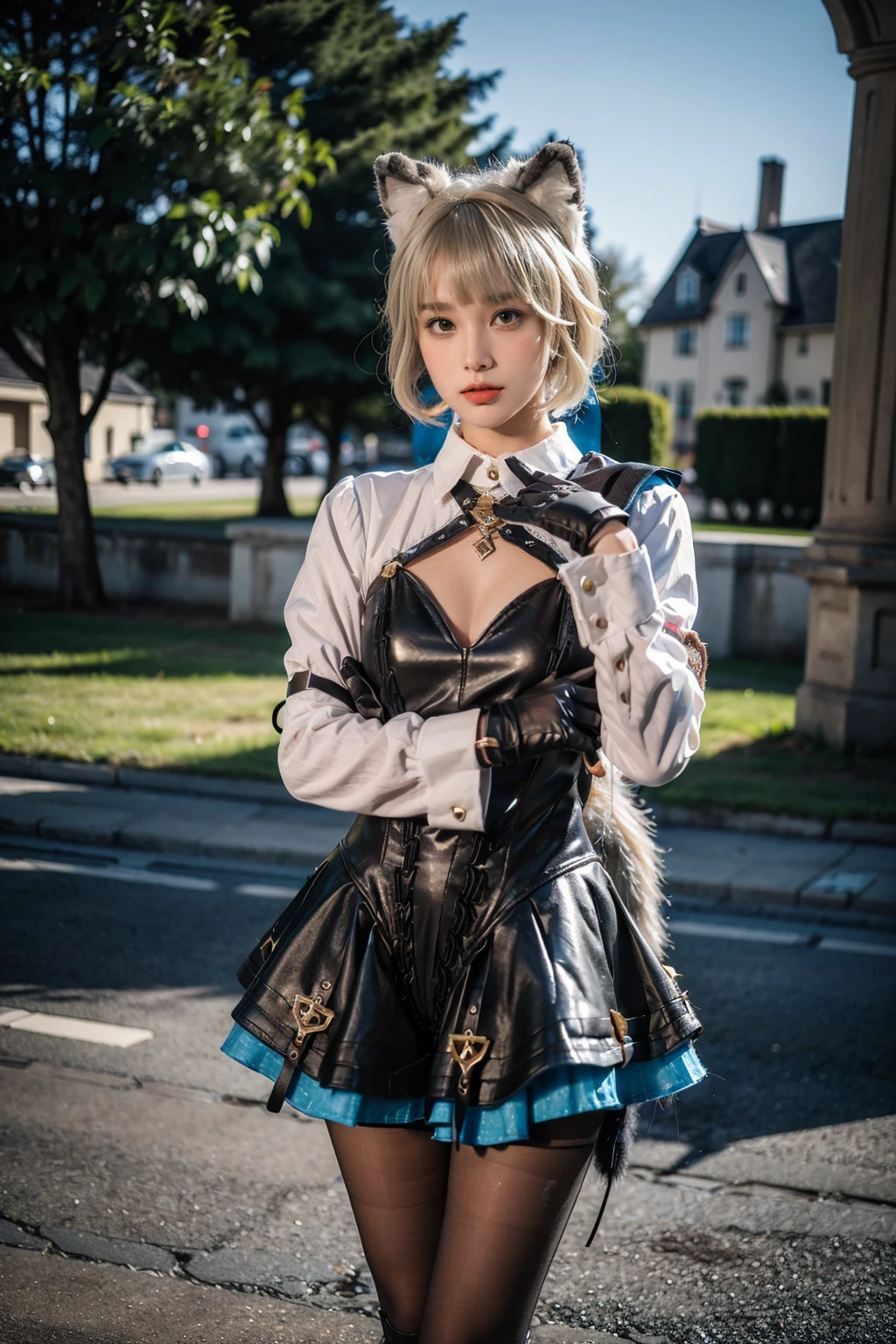 best quality, masterpiece, photorealistic, 1girl, solo, standing, cowboy shot, (looking at viewer:1.2), closed mouth, lynette cosplay, dress, cosplay, animal ears, blonde hair, short hair, collar, long sleeves, pantyhose, blonde hair, black pantyhose, gloves, lace-up boots, tail, cleavage, castle, <lora:genshin_Lynette_cosplay_v1:0.65>