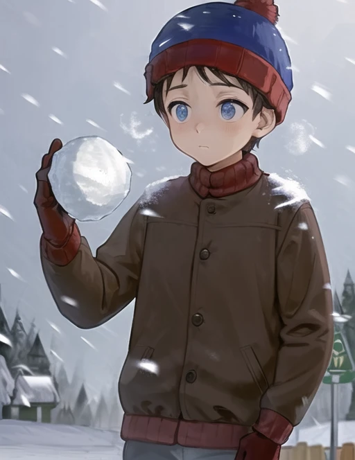 <lora:stanmarsh-08:0.7>  stanmarsh, solo, brown hair, gloves, long sleeves, 1boy, hat, holding, closed mouth, jacket, male focus, outdoors, sweater, snow, brown gloves, snowing, beanie, male child, winter, snowball