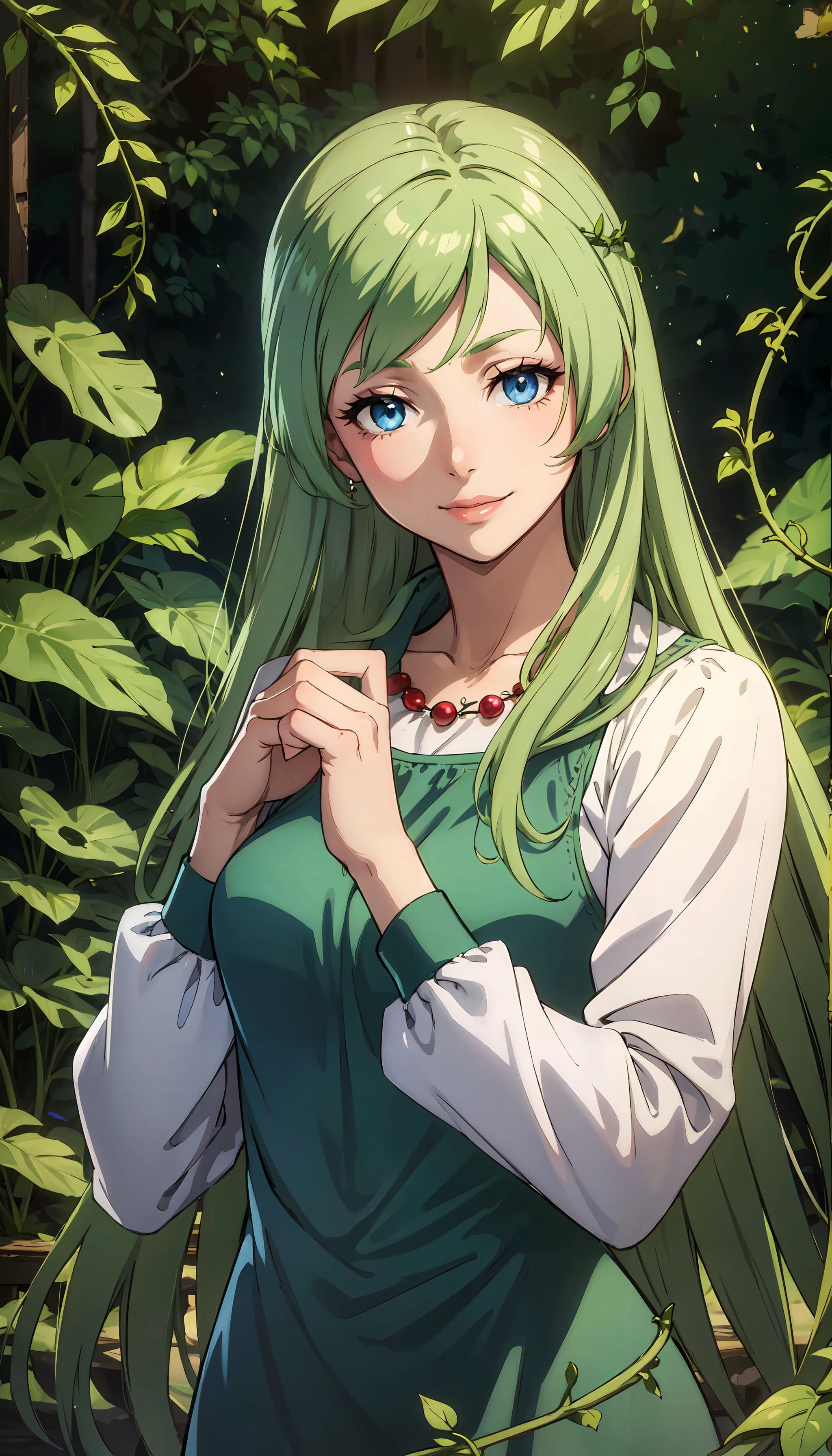 photorealistic, (4k), depth of field, (Masterpiece), (realistic skin texture), extremely detailed, intricate, hyper detailed, professional photography, bokeh, high resolution, sharp detail, best quality, woman, green dress, long dress, white sleeves, long hair, green hair, blue eyes, red necklace, (finger gun:1.2), , (forest), lush vegetation, (vines:1.3), sunrays, outdoors, <lora:Treyni-000002:0.7>