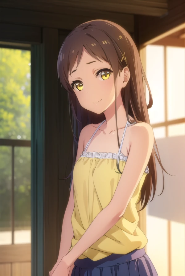 chiesayama, <lora:chie sayama ova-lora-nochekaiser:1>,
chie sayama, brown hair, (yellow eyes:1.5), hair ornament, hairclip, dark skin, dark-skinned female, smile,
BREAK camisole, blue camisole, bare shoulders, collarbone, skirt, yellow skirt,
BREAK outdoors,
BREAK looking at viewer, (cowboy shot:1.5),
BREAK <lyco:GoodHands-beta2:1>, (masterpiece:1.2), best quality, high resolution, unity 8k wallpaper, (illustration:0.8), (beautiful detailed eyes:1.6), extremely detailed face, perfect lighting, extremely detailed CG, (perfect hands, perfect anatomy),