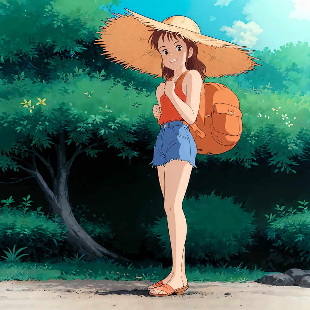 <lora:Kiki003:0.7>,<lora:add_detail:0.8>,<lora:boldline:-0.8>,<lora:noline:0.3>,looking at viewer,smile,
Ursula,1girl,
brown hair,
long hair,
dark eyes,
straw hat,
tank top,
denim shorts,
backpack,
nature,full body,standing,