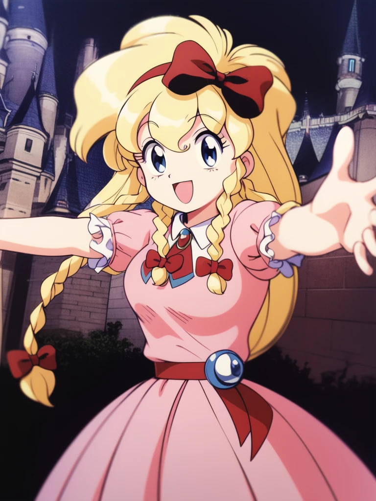 <lora:Maria_Renard:1> MariaRenard, 1girl, blonde hair, very_long_hair,  voluminous hair, dress, solo, blue eyes, pink dress, braid, long hair, bow, twin braids, open mouth, hair bow, smile, puffy sleeves, jewelry, short sleeves, puffy short sleeves, red bow, brooch, castle, looking at viewer, hairband, :d, retro artstyle, ribbon, outstretched arms,
masterpiece, high quality, very_high_resolution, large_filesize, full color,ã1990s \(style\), anime, anime_screencap, animated gif, mp4 ,video, animated,