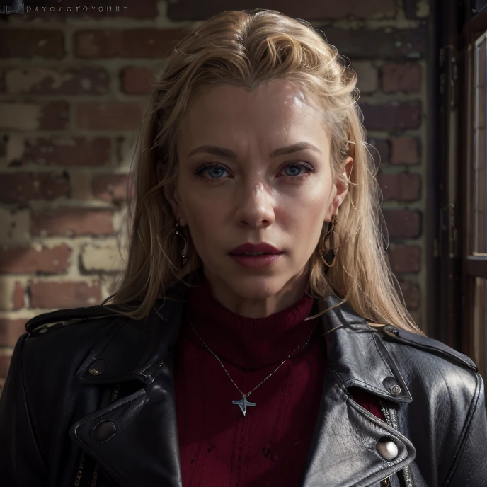 (masterpiece:1.2), (best quality,:1.2), 8k, ultra detailed, ((photorealistic)), fantasy, professional light, cinematic lighting, ambient lighting, face light, Lara, <lora:Lara-10:1>, 50 year old, middle aged, choker, earrings, dark lipstick, dark makeup, long and messy blonde hair, (portrait shot), long leather coat, red turtleneck pullover