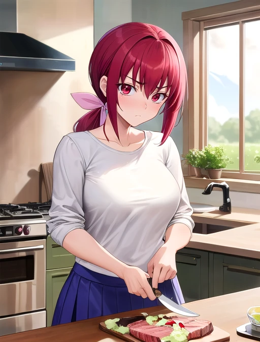 best quality, masterpiece, highres, detailed, digital artwork, <lora:Tools - add_detail:0.2>, IkuyoHoshi, red hair, pink ribbon, low ponytail, red eyes, white shirt, blue skirt, mature woman,  <lora:Character - IkuyoHoshi:0.8>, kitchen, cooking, knife, steak, serious,