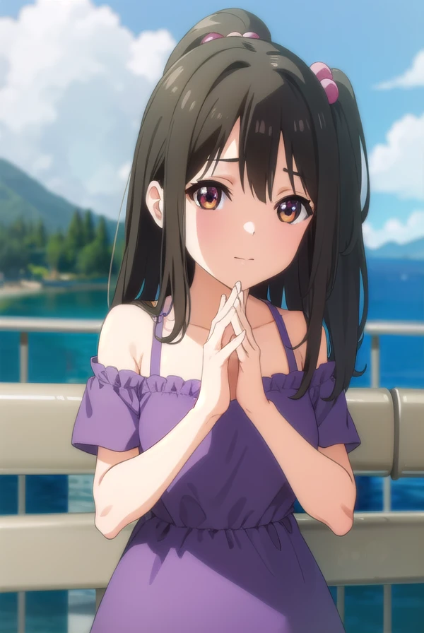 tenkaadachi, <lora:tenka adachi ova-lora-nochekaiser:1>,
tenka adachi, black hair, (brown eyes:1.3), side ponytail, long hair, hair bobbles,
BREAK shorts, off shoulder, dress, purple dress,
BREAK outdoors,
BREAK looking at viewer, (cowboy shot:1.5),
BREAK <lyco:GoodHands-beta2:1>, (masterpiece:1.2), best quality, high resolution, unity 8k wallpaper, (illustration:0.8), (beautiful detailed eyes:1.6), extremely detailed face, perfect lighting, extremely detailed CG, (perfect hands, perfect anatomy),