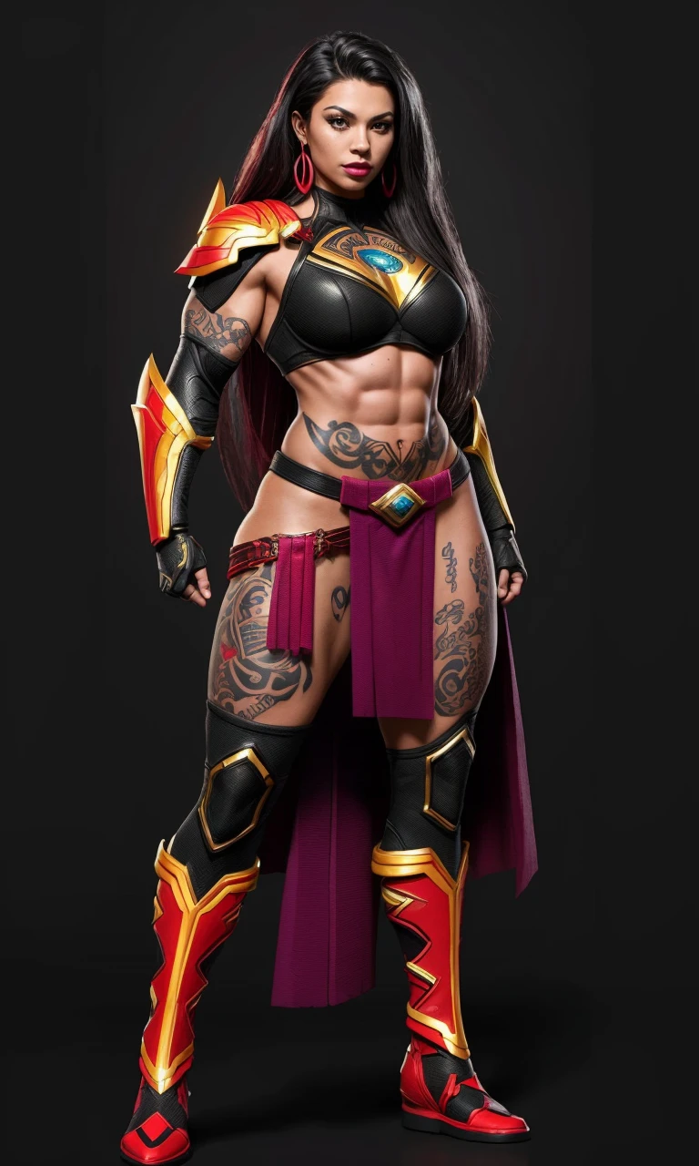 heromkr2023, best quality, masterpiece, full body, 1girl, vibrant colors, superhero, Polynesian, tattoo, electric powers, armor, sexy, muscular, tribal,