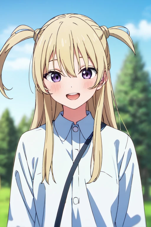 masterpiece, highres, <lora:ErikaKizakiR4:0.7>, ErikaKizakiR4,1girl, :d, bangs, blonde hair, blue sky, blurry, blurry background, blurry foreground, blush, bush, cloud, day, depth of field, field, grass, hair between eyes, long hair, long sleeves, looking at viewer, open mouth, outdoors, photo background, purple eyes, sky, smile, solo, teeth, tree, upper body, v