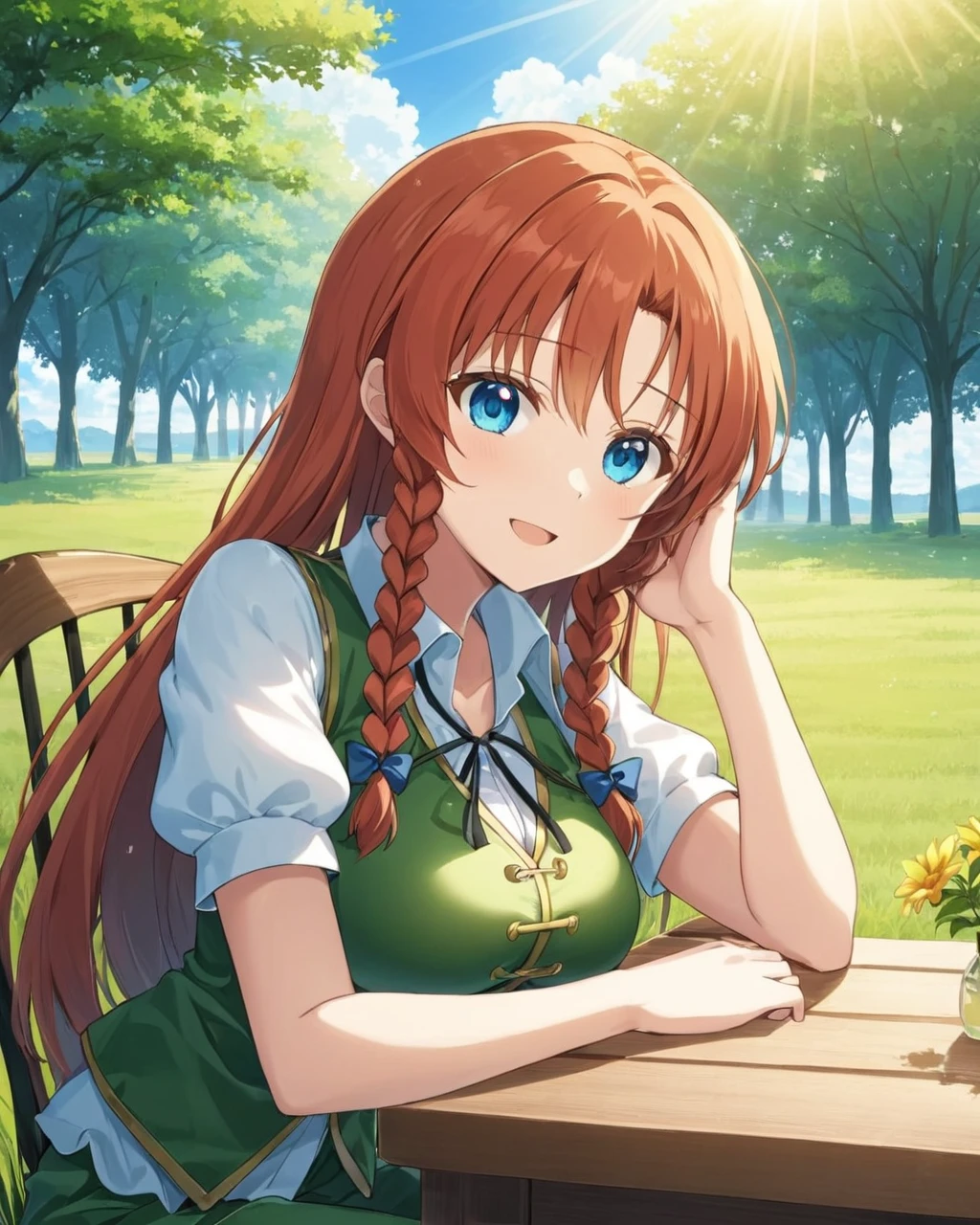 hong meiling,1girl, solo, outdoors, dated, open_mouth, white_shirt, breasts, signature, table, grass, twin_braids, day, puffy_short_sleeves, smile, no_headwear, sunbeam, sitting, tree, green_vest, elbows_on_table, upper_body, head_rest, blue_sky, collared_shirt, dappled_sunlight, flower, cloudy_sky, looking_to_the_side, chair
<lora:hong_meiling_image3632_2023-12-11-000004:1>,star-shaped_pupils,symbol-shaped_pupils,. gorgeous,key visual, vibrant, studio anime,award-winning, professional, highly detailed,high budget, cinemascope