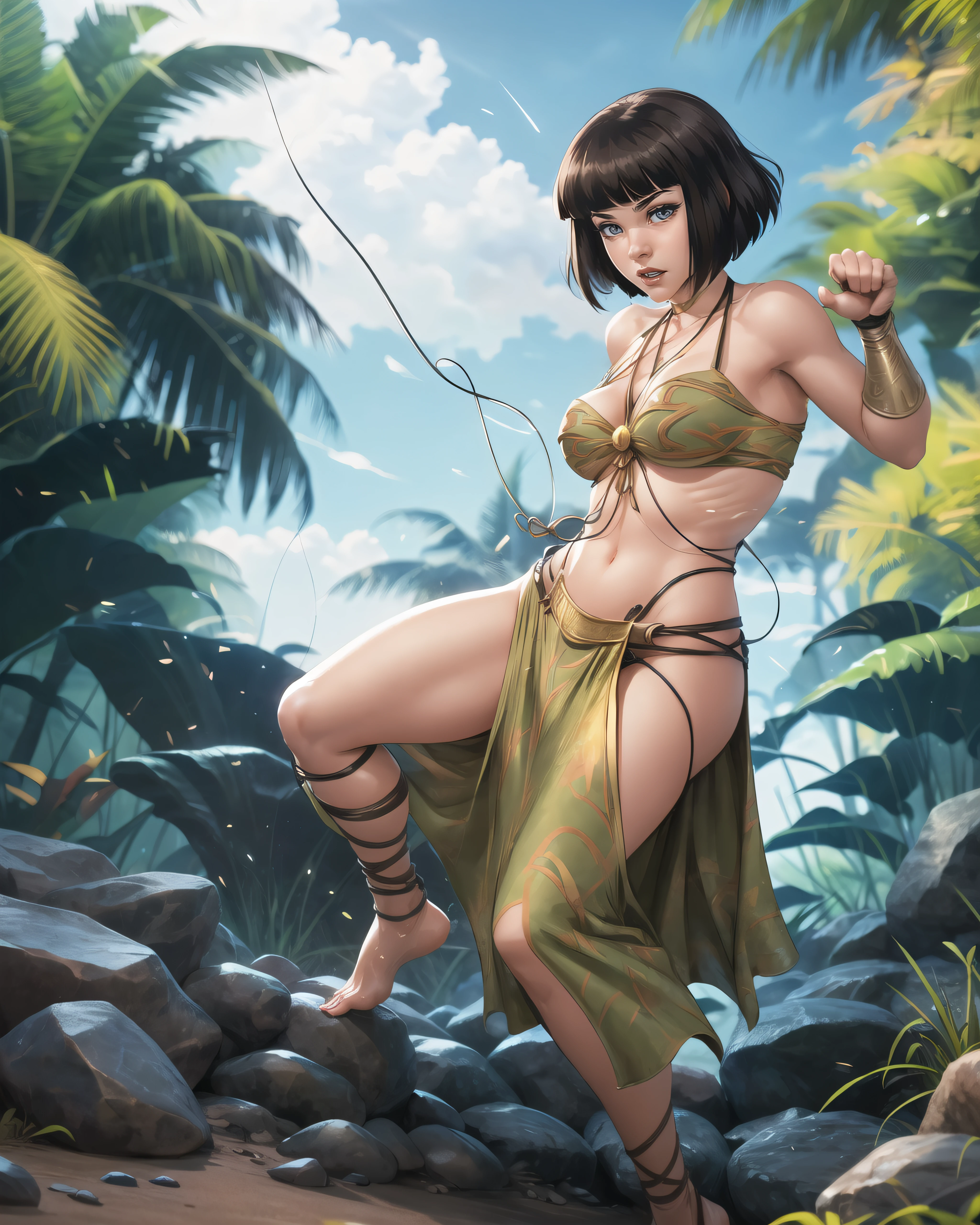 highly insanely detailed, masterpiece, top quality, best quality, highres, 4k, 8k, RAW photo, (1girl),solo,moonmaid, blunt bangs, short hair, black hair, 
large breasts, 
pelvic curtain, bikini top, armor, armlet, bracelet, nature, dynamic pose,barefoot, 
 (dynamic colors),   random colors, dynamic weather, <lora:MoonMaid_v01-000003:0.80>