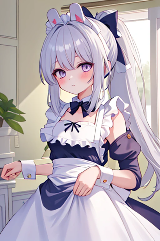 best quality, masterpiece, highres, solo, {maid:1.40}, {long maid dress:1.15}, {yuexuemiyako:1.15}, long_hair, halo, white_hair, purple_eyes, blush, bangs, bow, hair_bow, swimsuit, one-piece_swimsuit, ponytail, breasts, animal_ears, grey_hair