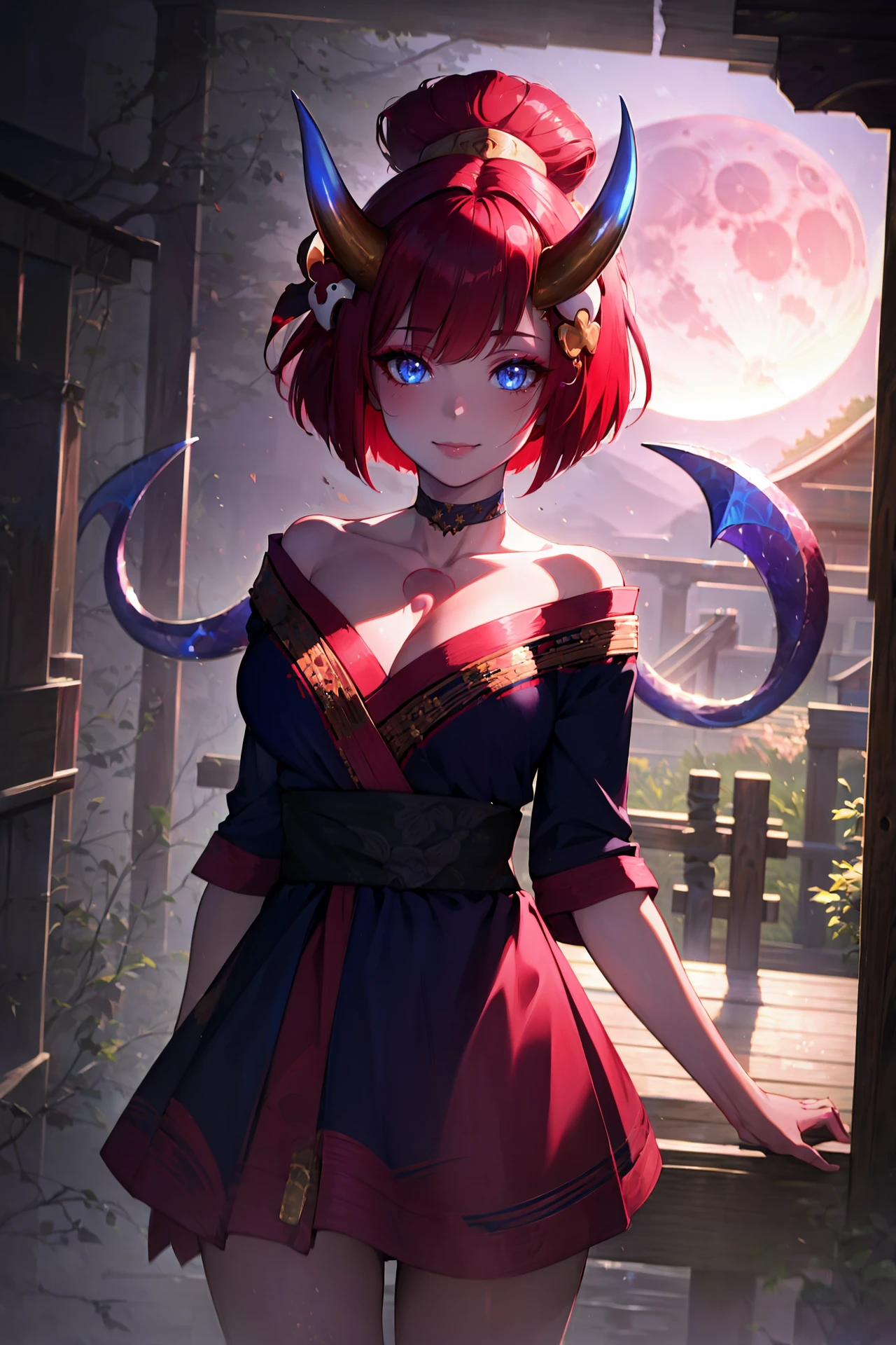 (masterpiece, best quality:1.2), intricate details, <lora:GoodHands-beta2:1>, <lora:lol_blood_moon_evelynn-000014:1>, blood moon evelynn, 1girl, oni horns, japanese clothes, choker, cleavage, hair ornament, mask, seductive smile