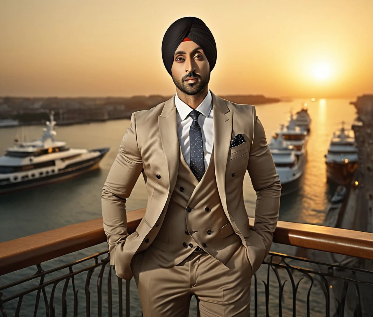 Nautical-themed (Photo:1.3) of (Ultrarealistic:1.3) <lora:Man_Men_FFashion:1> Ranbir Kapoor a man <lora:Diljit:0.9> in a tan suit standing on a balcony, sun behind him, inspired by Pablo Munoz Gomez, shot at golden hour, editorial photograph, midshot of a hunky, by Roman Bezpalkiv, by Artur Tarnowski, maxim sukharev, by Gabor Szikszai,Highly Detailed,(Mono Color:1.3) . Sea, ocean, ships, maritime, beach, marine life, highly detailed