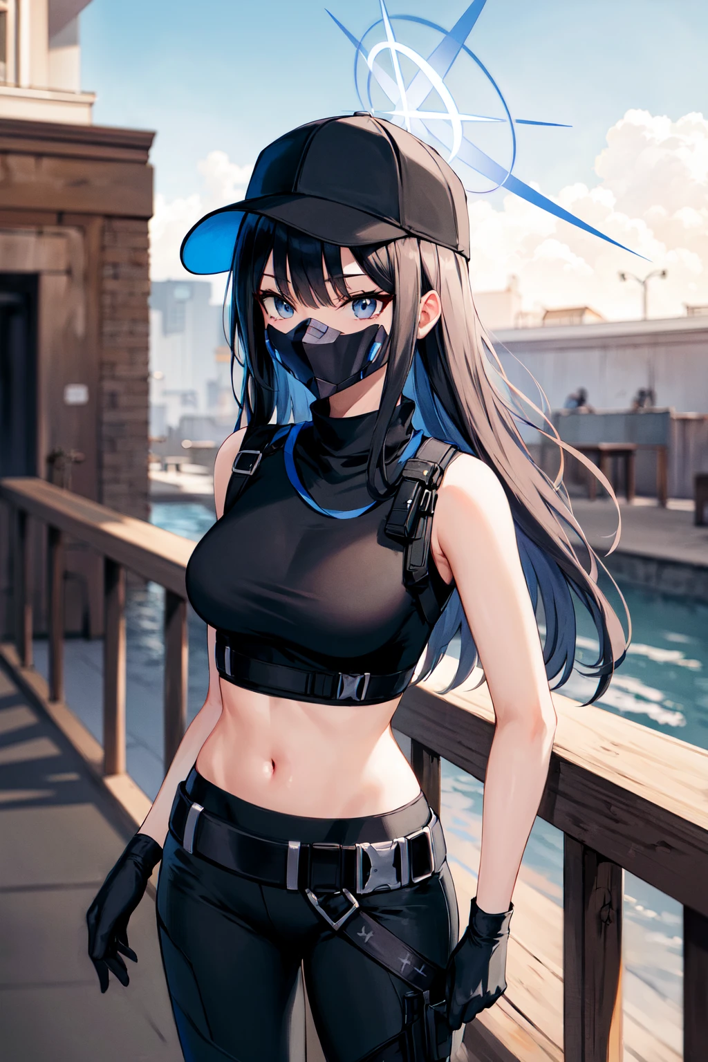 masterpiece, best quality, highres, aasaori, halo, long hair, black hair, hat, black headwear, black mask, mouth mask, bare shoulders, crop top, black shirt, harness, sleeveless, black gloves, midriff, belt, black pants, <lora:saori_(blue_archive)_v1:0.7>, standing, cowboy shot, outdoors