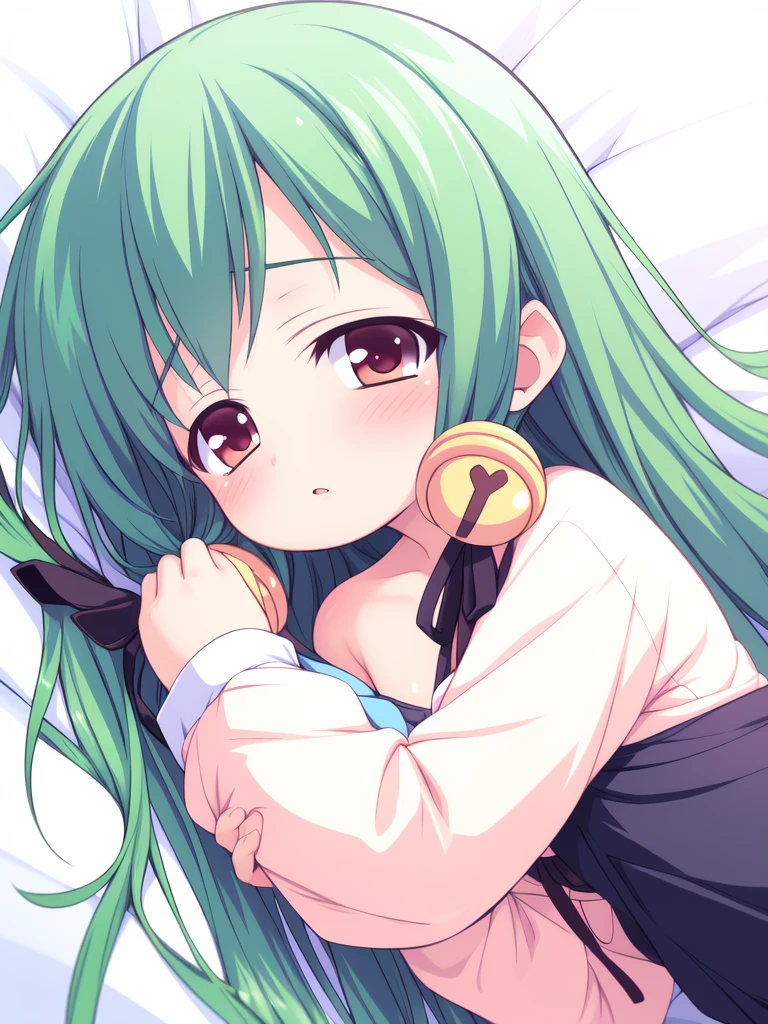 <lora:TachibanaYuzu:0.8>TachibanaYuzu, green hair, long hair, red eyes, blush, hug, ribbon, lying, flat chest,
masterpiece, high quality, very_high_resolution, large_filesize, full color,