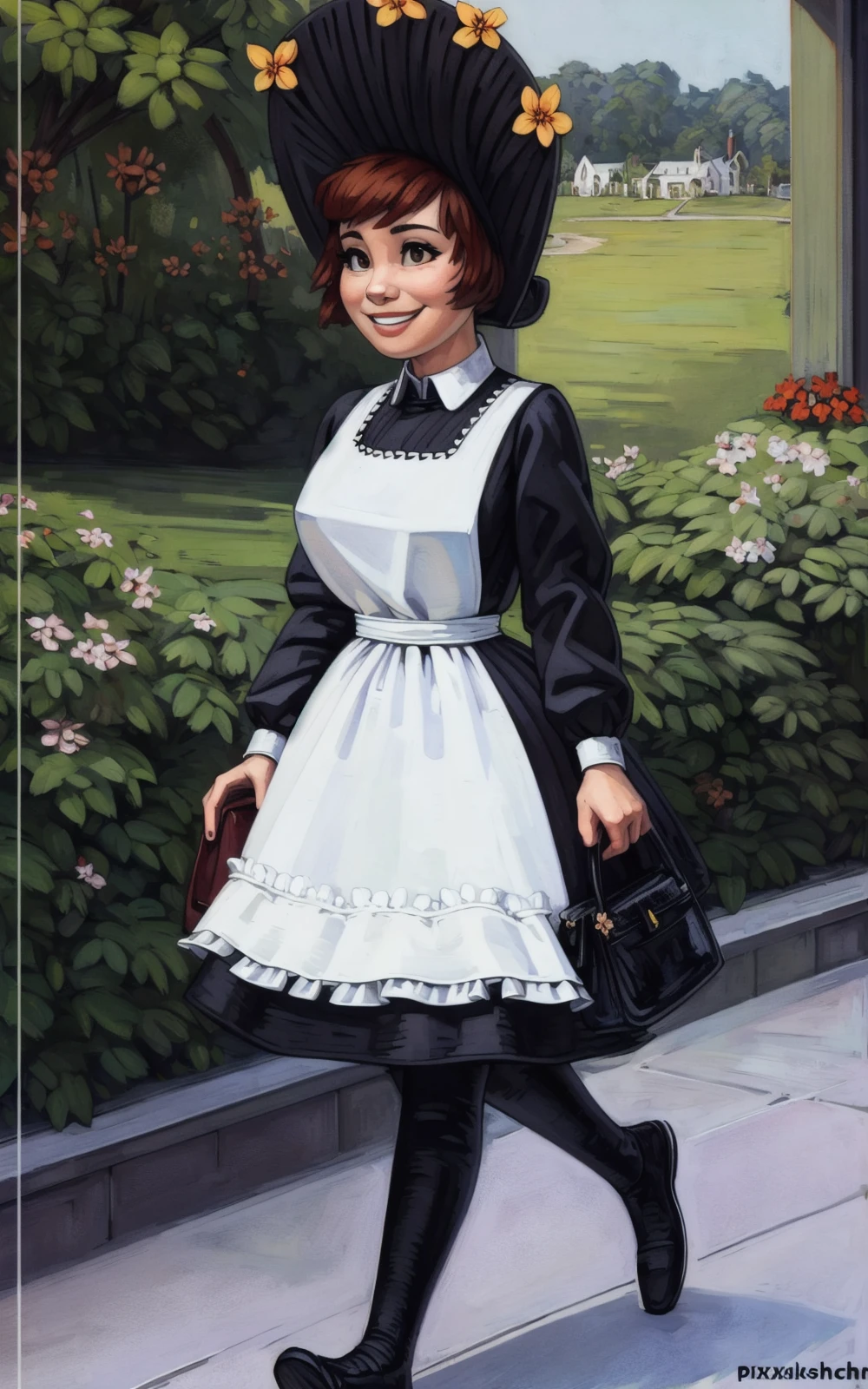 8k.4k,((Best quality, masterpiece, ultra high resolution)),((full body, by pixelsketcher)), <lora:AmeliaBadelia:0.8>,AmeliaBadelia,dress, long sleeves,apron, maid, pantyhose, maid apron,black dress, flower, collared dress,frills,short hair, shoes, white apron, brown hair, red hair,frilled apron,puffy long sleeves, hat, puffy sleeves,headwear,black dress, black footwear, hat flower, juliet sleeves,short hair,human,walking,smile,handbag,outside,arms down