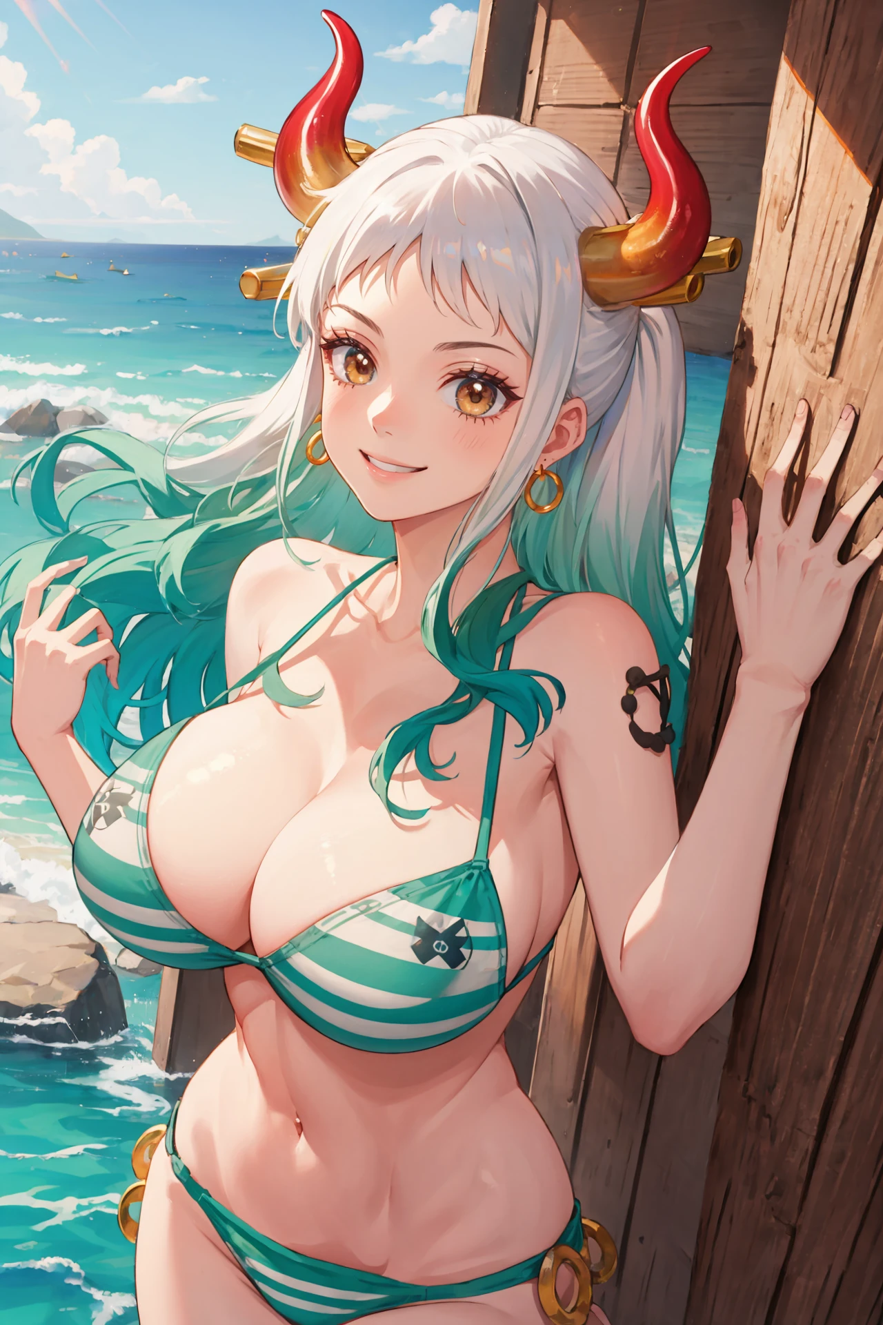 huge breasts,solo,eyeshadow,lip,Shiny eyelashes,white hair,mature woman,blue hair,((upper body)),(( straight hair)),(elf),((blunt bangs)),(Half Color hair), bikini, striped pattern, pubic hair ,beach